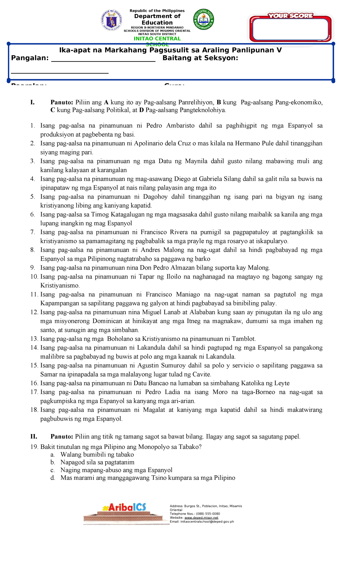 Araling Panlipunan 4th periodical test 4th quarter. - Department of ...