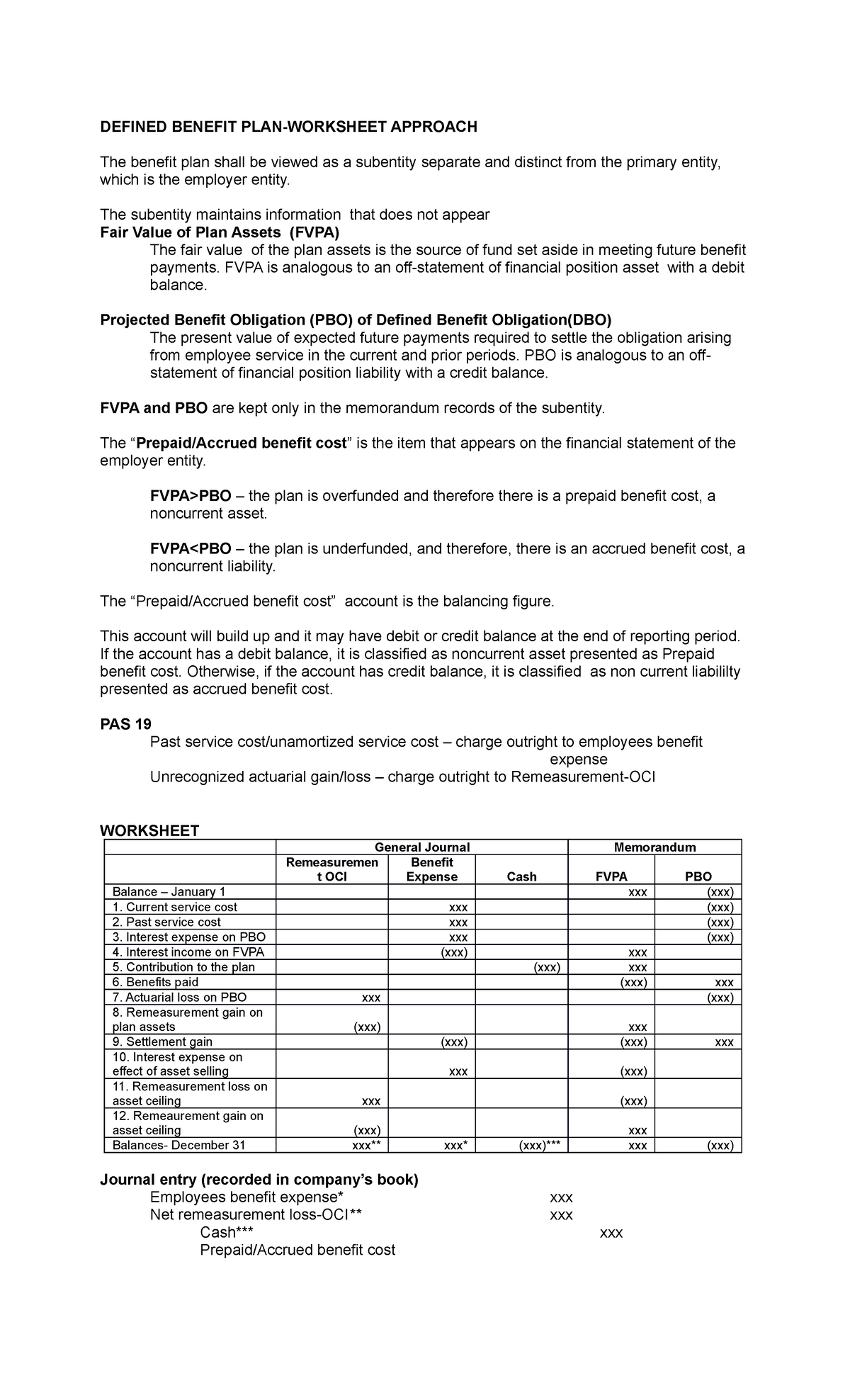 Defined Benefit PLAN Lecture DEFINED BENEFIT PLANWORKSHEET APPROACH
