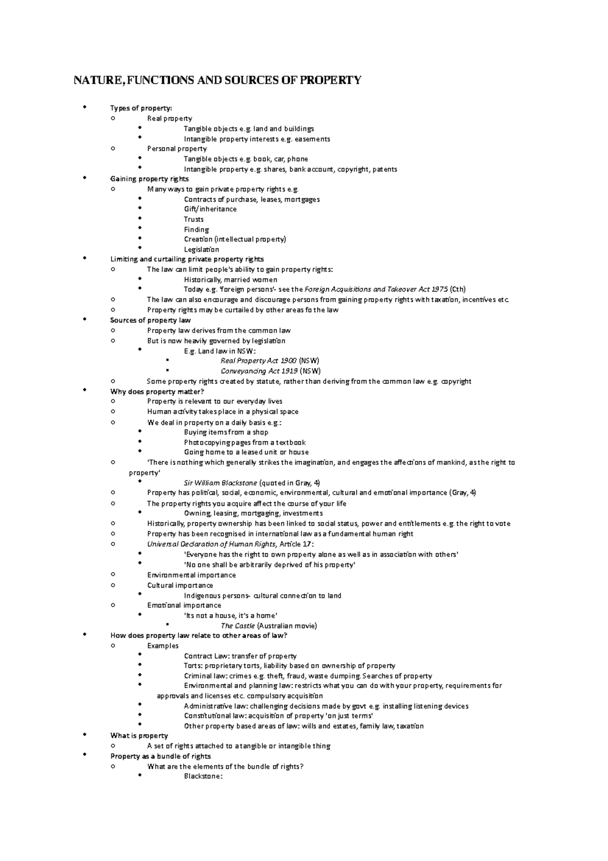 Property Law Summary - Lecture notes 1-13 - NATURE, FUNCTIONS AND ...