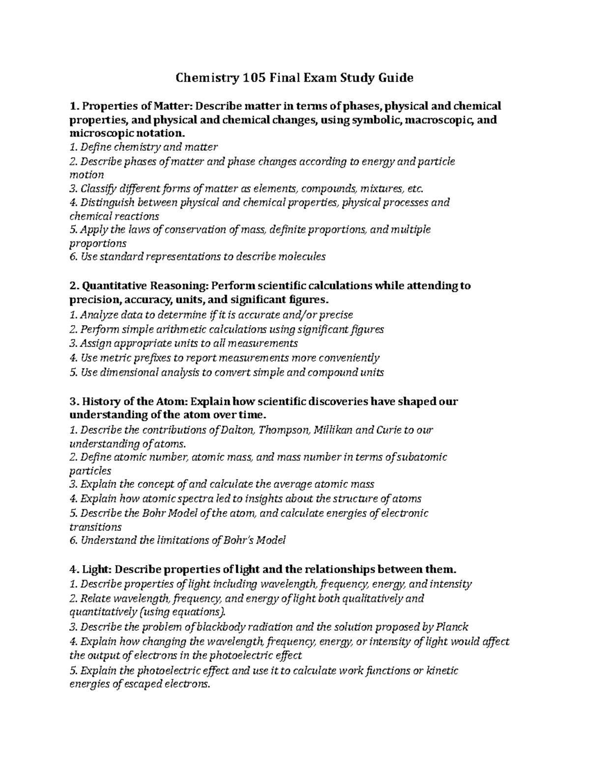 Final Exam Study Guide - Chemistry 105 Final Exam Study Guide ...