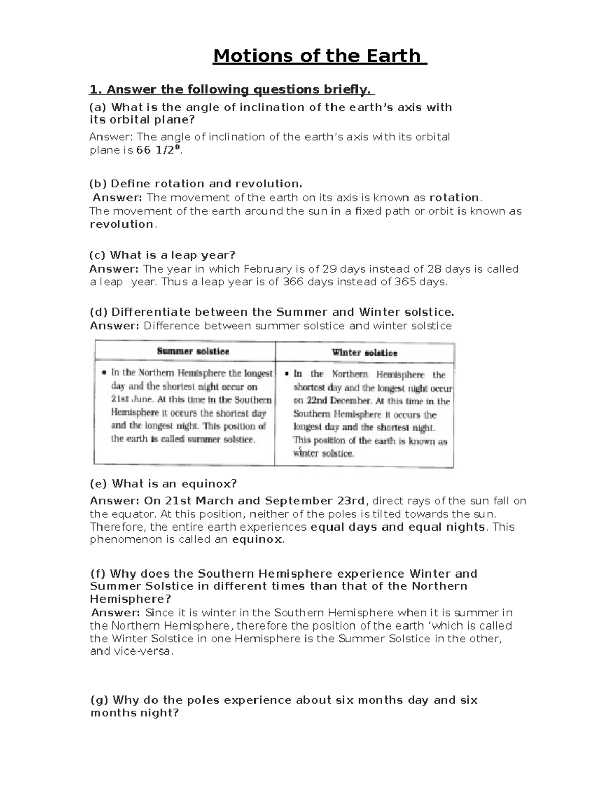 Answer Sheet Class 6th Geography Chapter 3 Motions Of The Earth ...