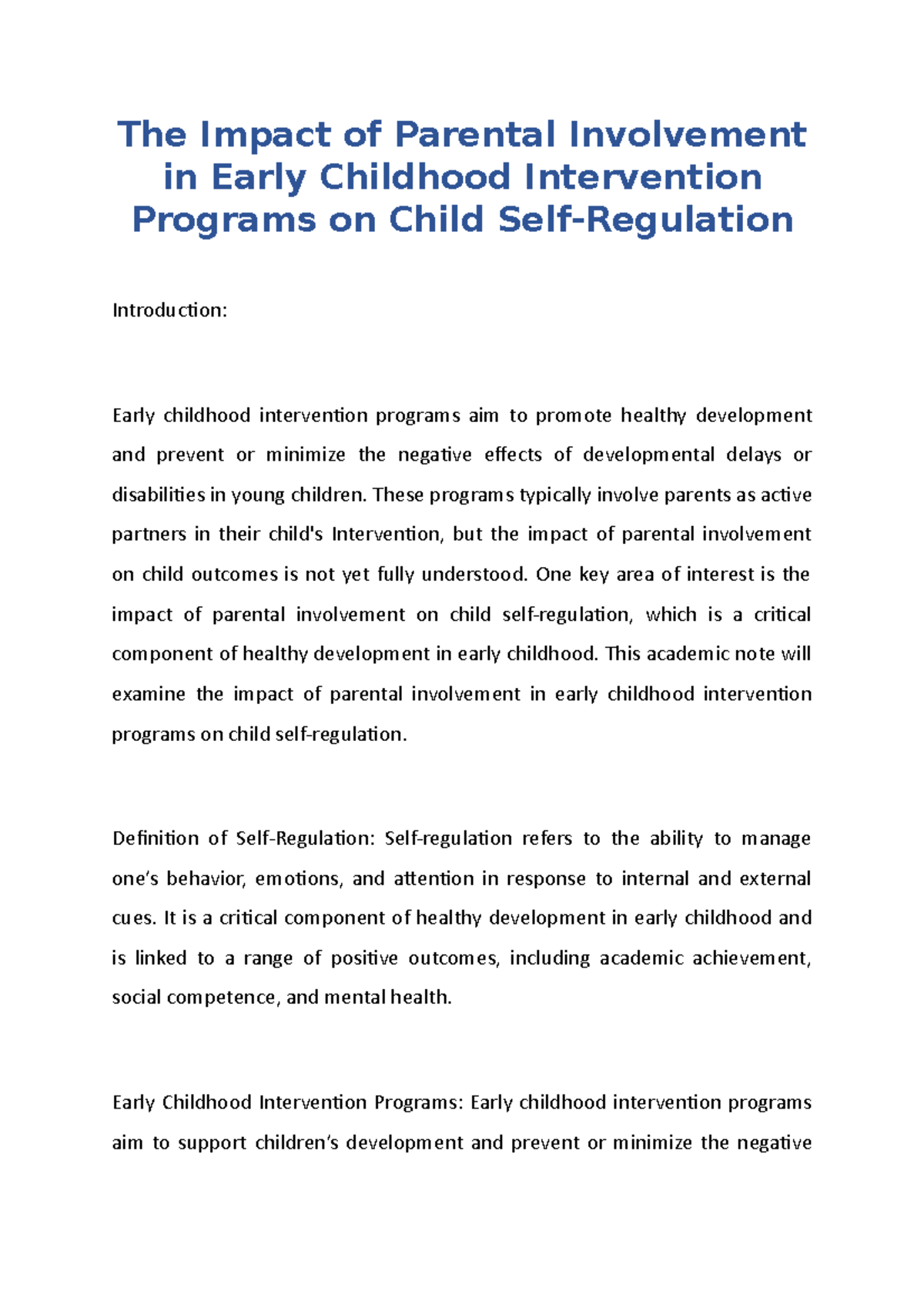 The Impact of Parental Involvement in Early Childhood Intervention ...
