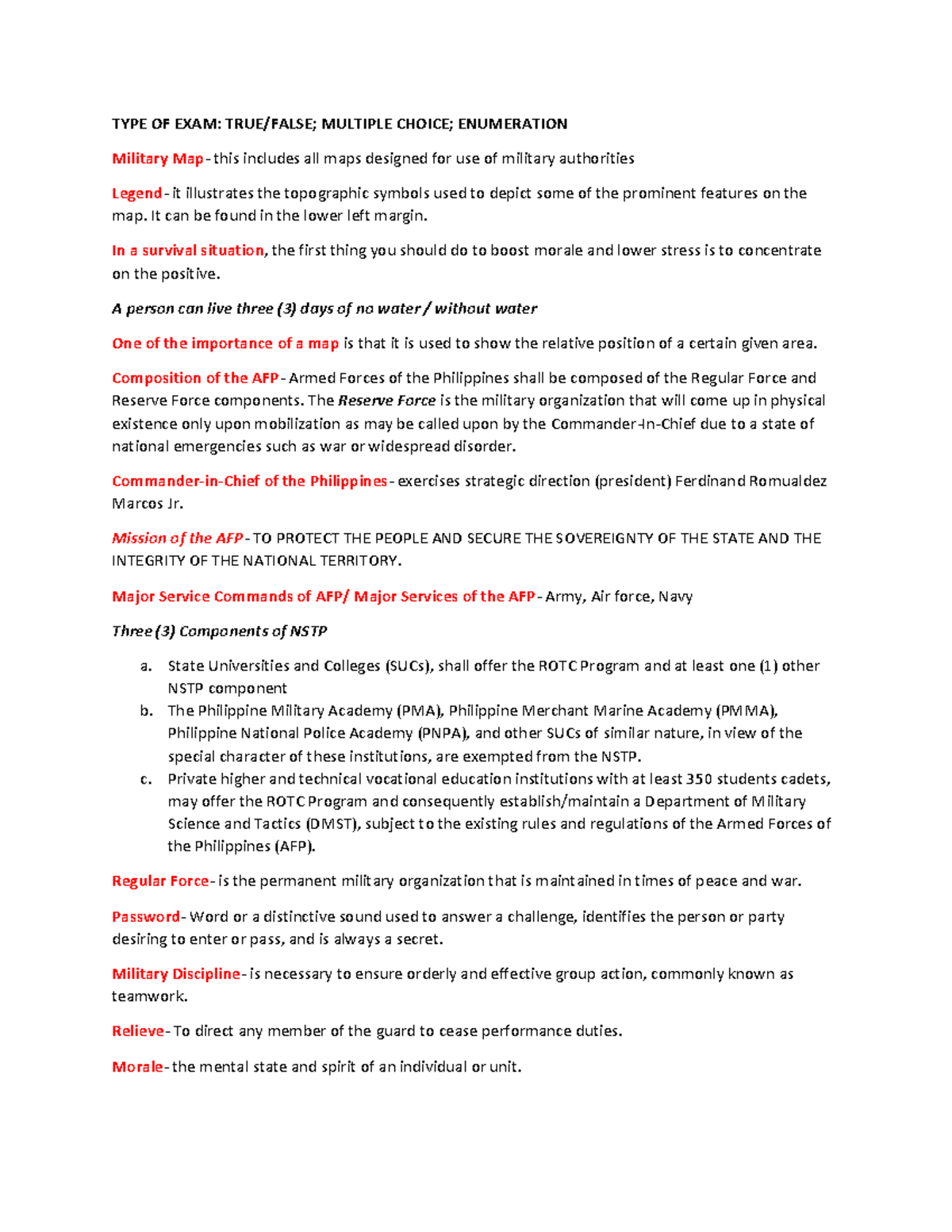 ROTC- Reviewer - jasjxxli - TYPE OF EXAM: TRUE/FALSE; MULTIPLE CHOICE ...