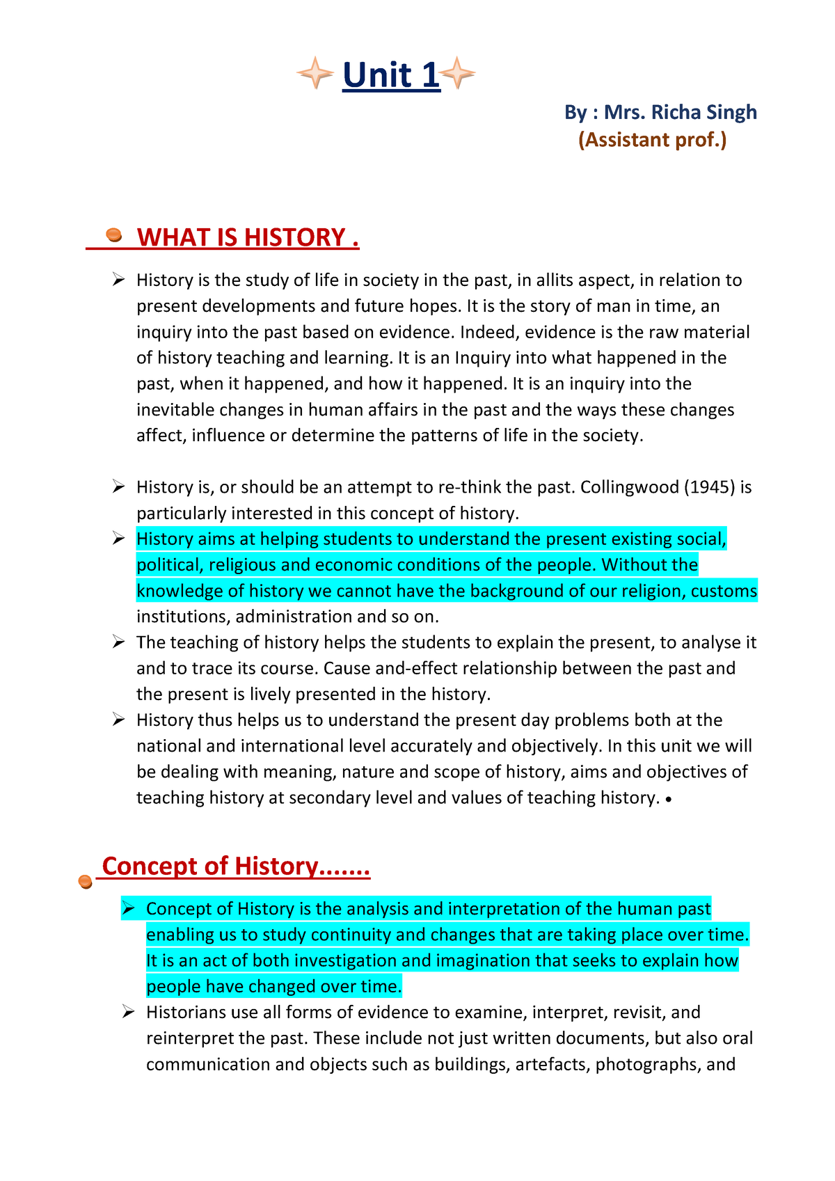 UNIT -1, History Notes (1) Pdf R - Unit 1 By : Mrs. Richa Singh ...