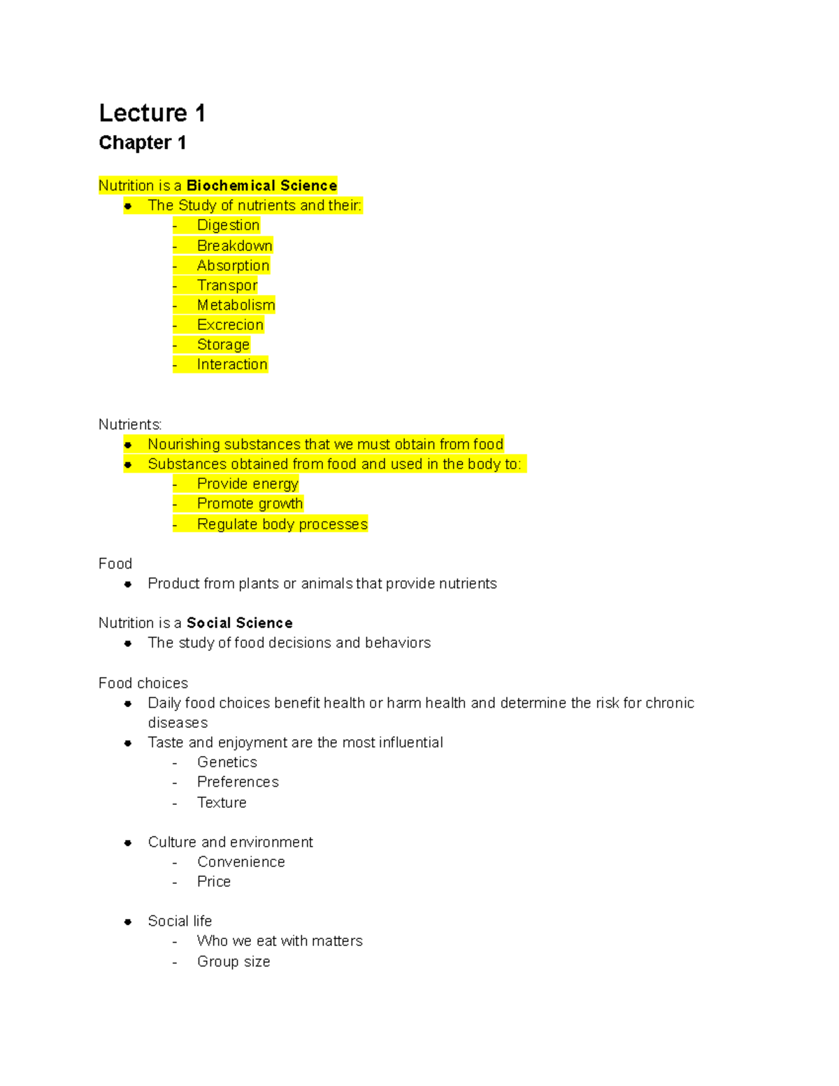 Nutrition Notes - Lecture 1 Chapter 1 Nutrition Is A Biochemical ...