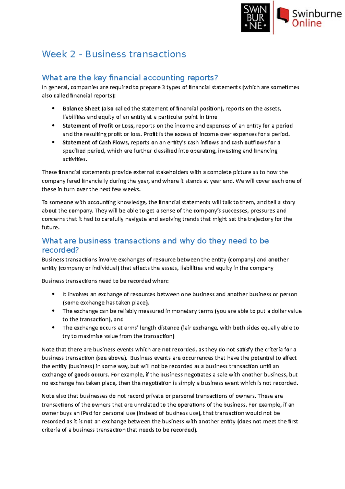 Week 2 Lecture notes ACC10007 - Week 2 - Business transactions What are ...