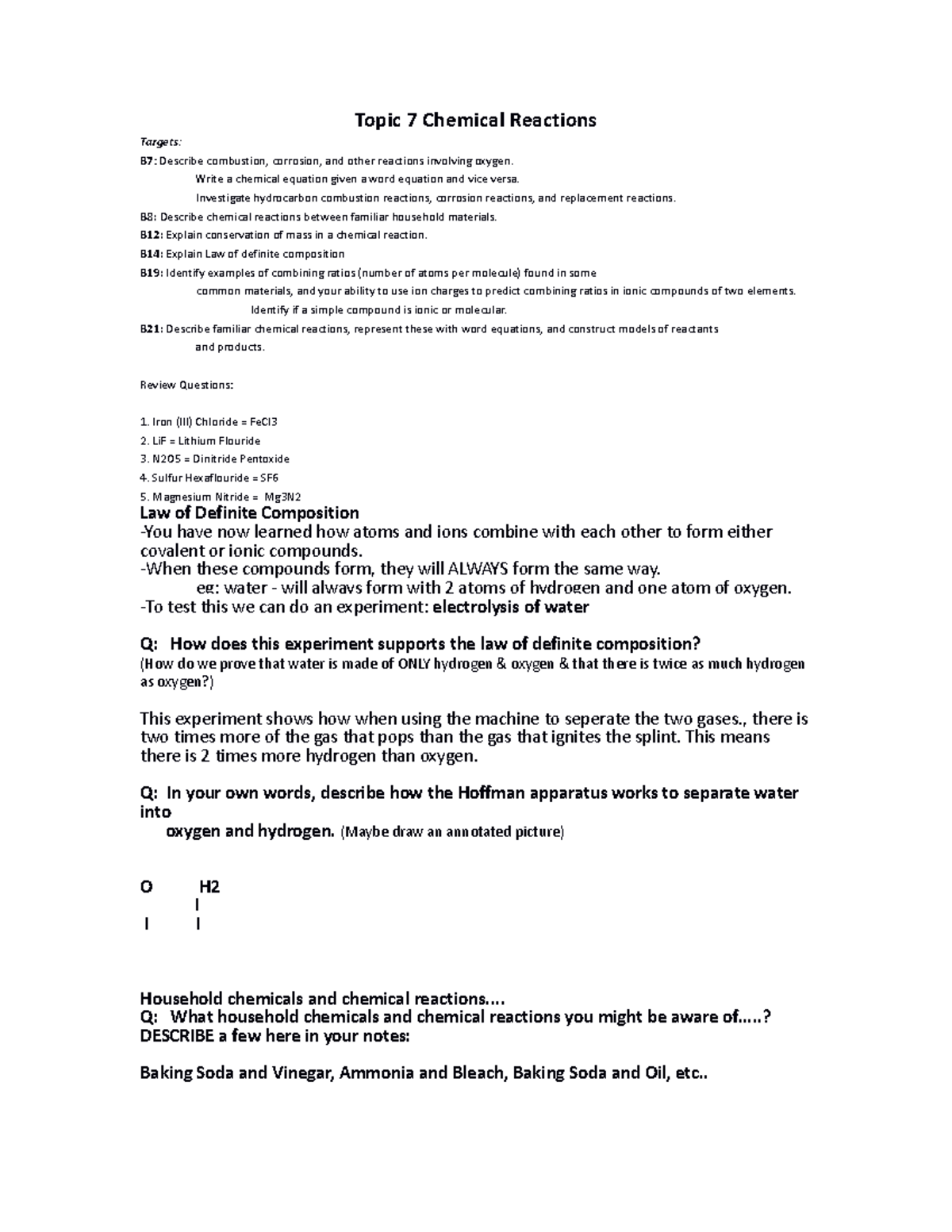 Topic 7 Student Notes Topic 7 Chemical Reactions Targets B7