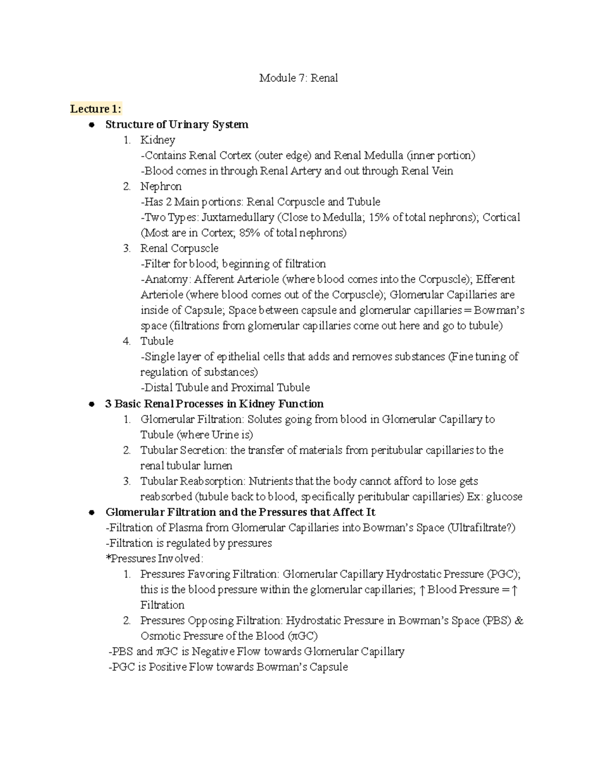 Phys 3200 Exam 4 Review- Renal - Module 7: Renal Lecture 1: Structure ...