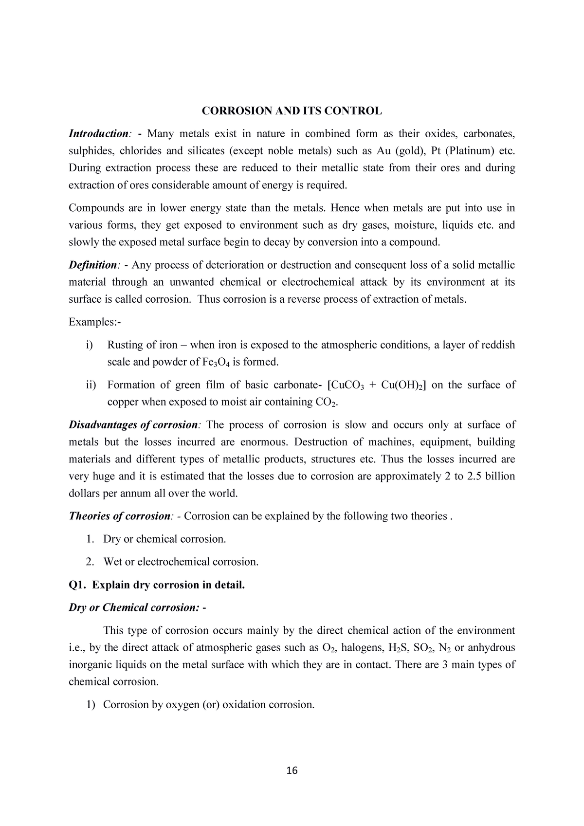 Corrosion Notes March 2023 - CORROSION AND ITS CONTROL Introduction ...