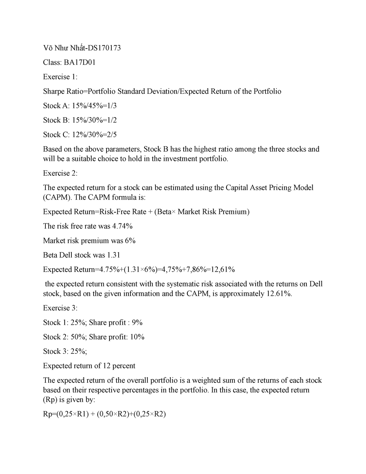 FIN202 On Tap Z - Võ Như Nhất-DS Class: BA17D Exercise 1: Sharpe Ratio ...