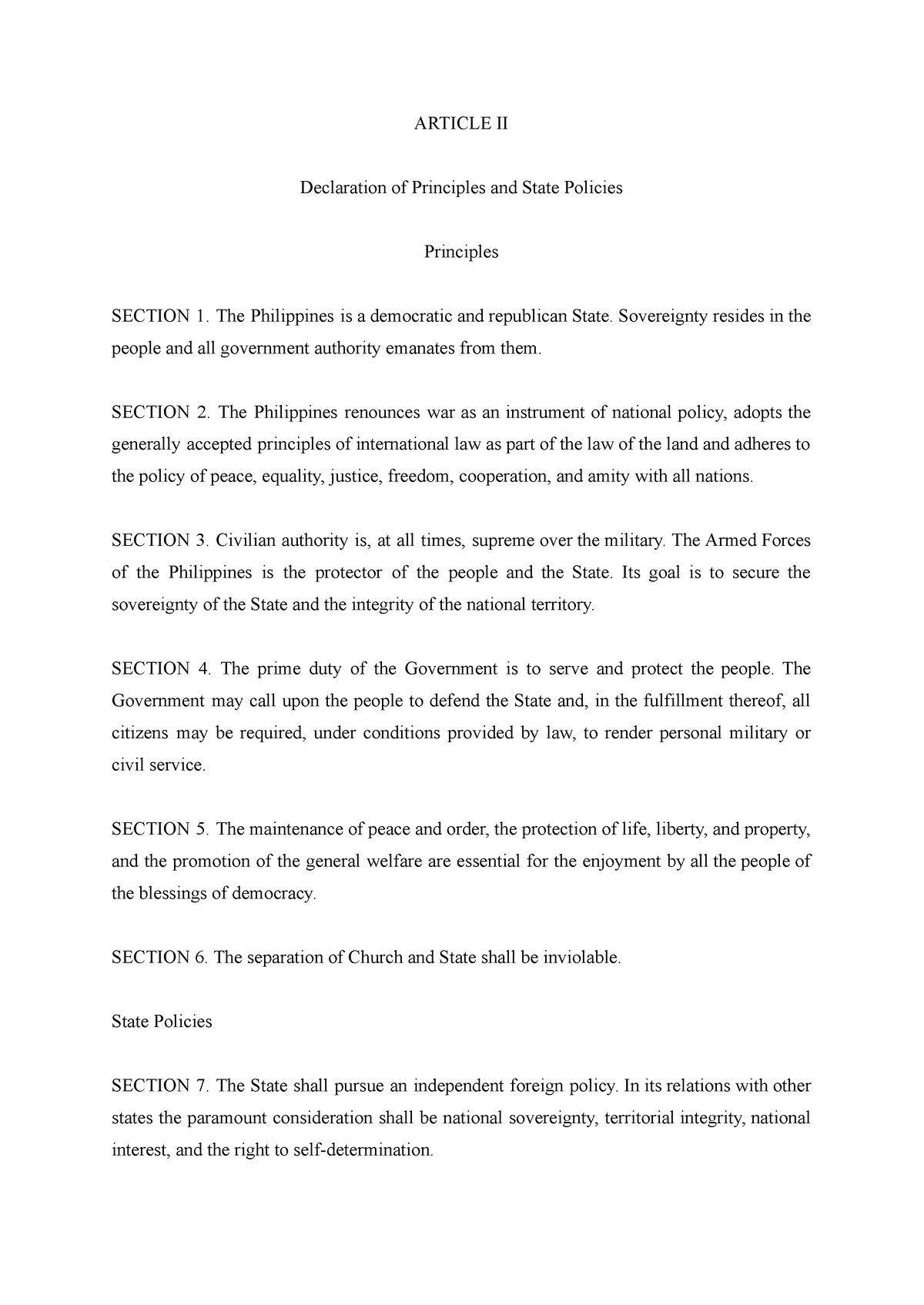 Declaration of Principles and State Policies - ARTICLE II Declaration ...