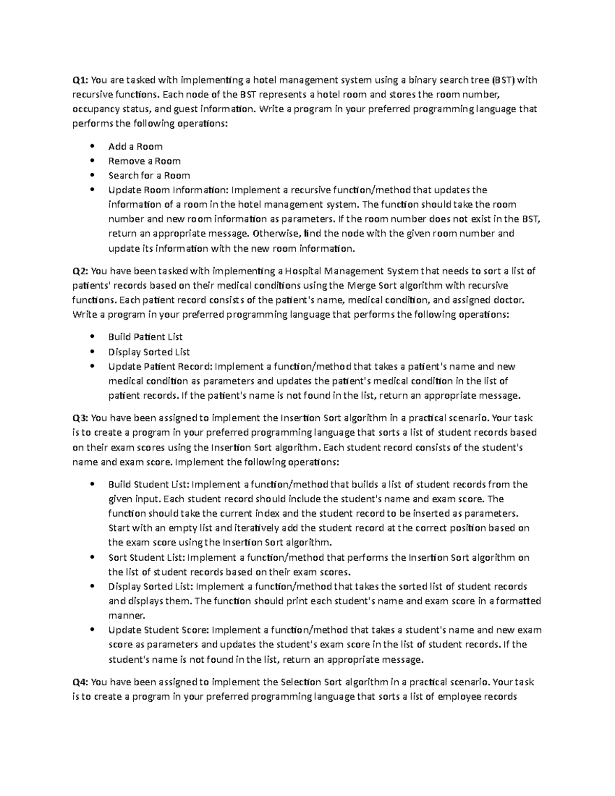 Assignment - Q1: You are tasked with implementing a hotel management ...