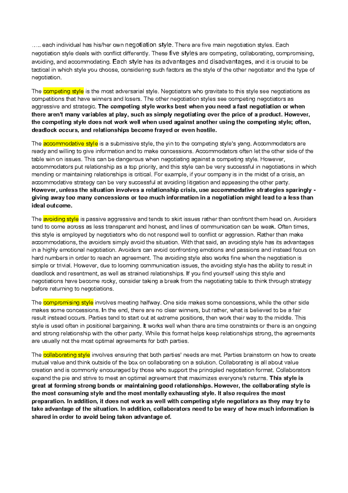 Handout Negotiation Style Guide Each Individual Has His Her Own