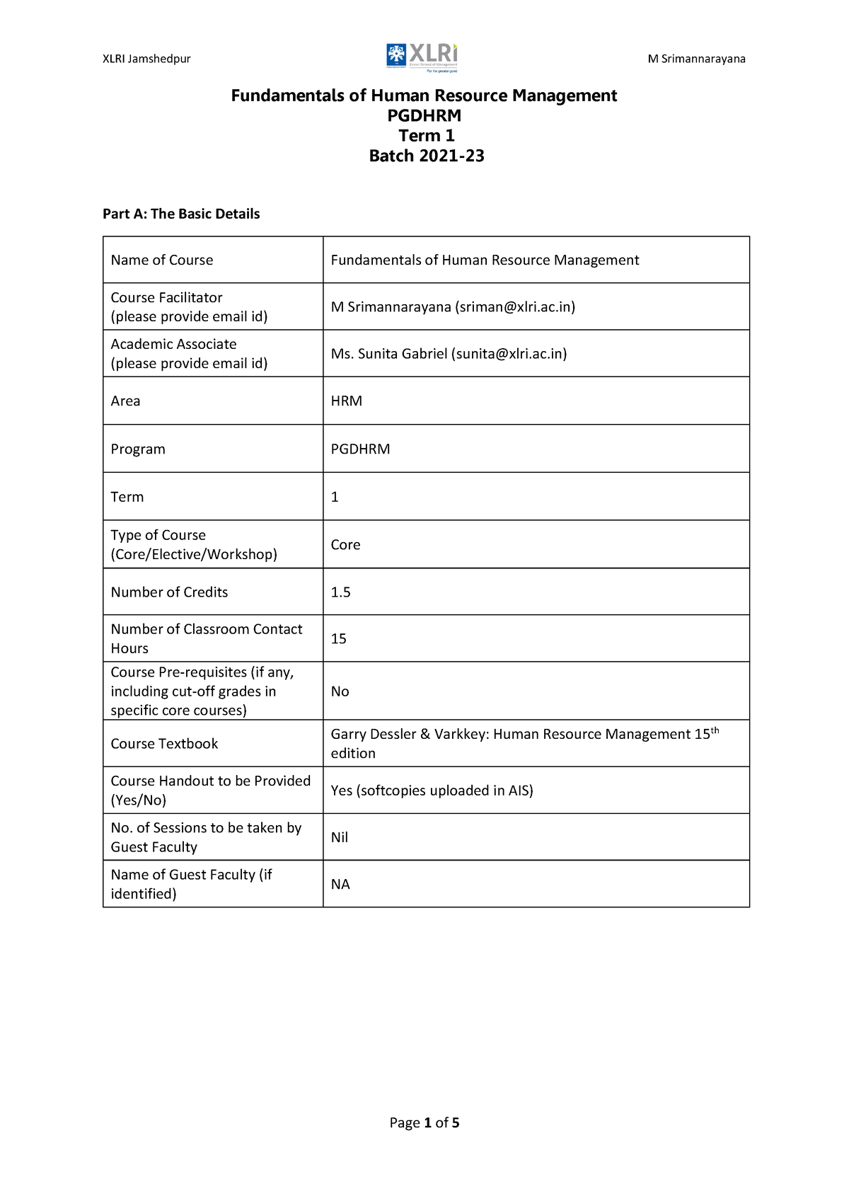 Course Outline - . - Human Resource Management - Xlri - Studocu