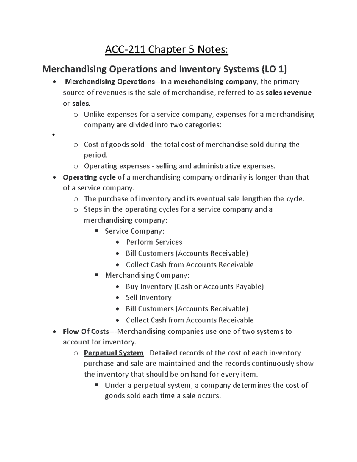 Chapter 5 ACC-211 Notes - ACC-211 Chapter 5 Notes: Merchandising ...
