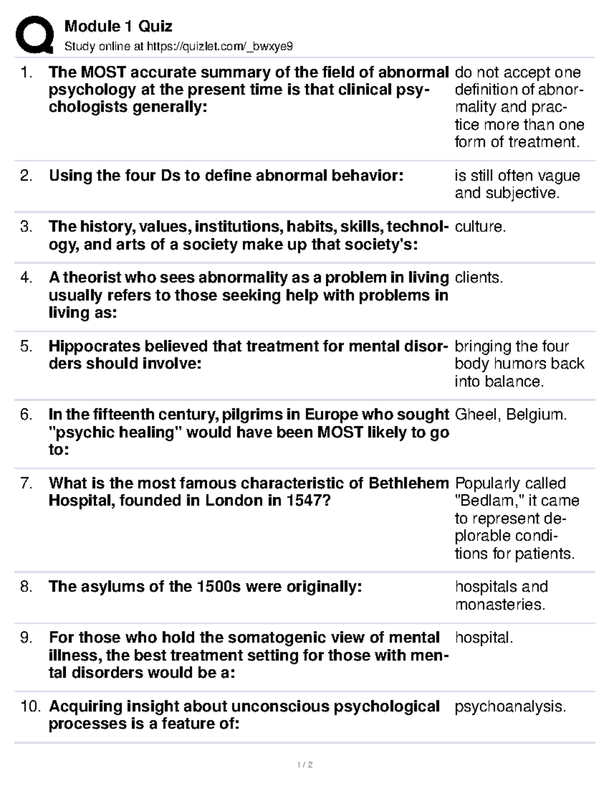 Module 1 Quiz - Introduction To Abnormal Psychology Psyc 4082 - Module ...