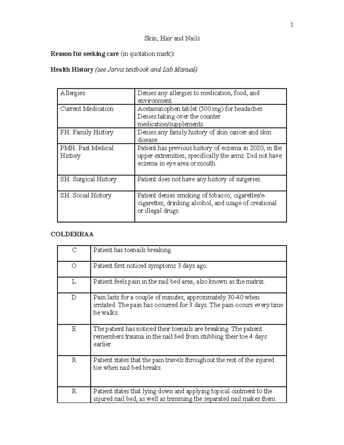Skin, Hair, and Nails Lab Sheet - Skin, Hair and Nails Reason for ...