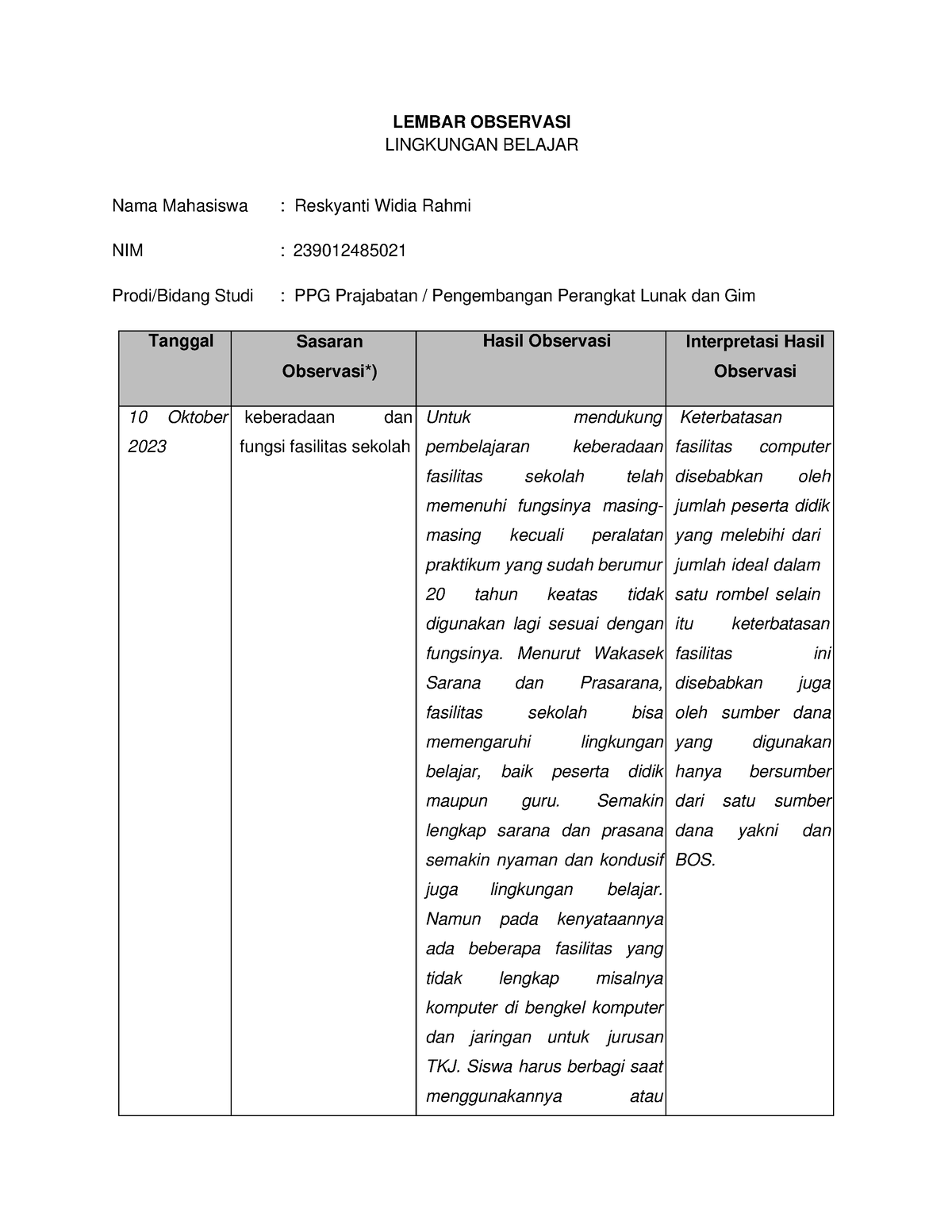 Lampiran LK A Contoh Format Lembar Observasi Lingkungan Belajar Di Sekolah LEMBAR