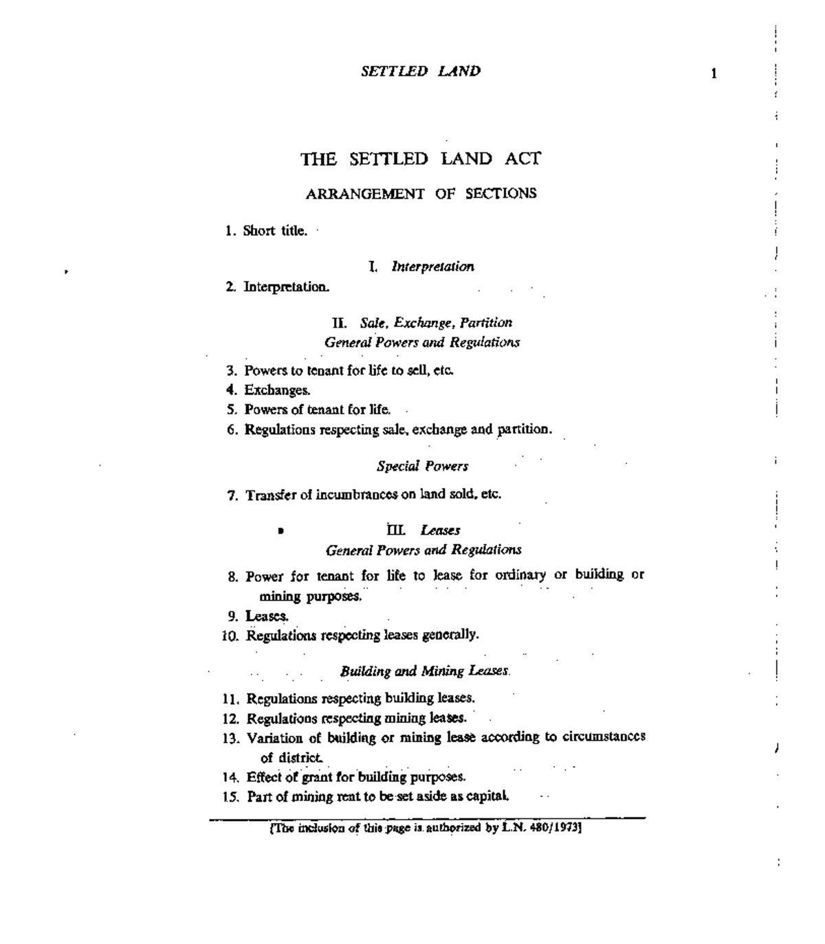 The Settled Land Act THE SETTLED LAND ACT ARRANGEMENT OF SECTIONS