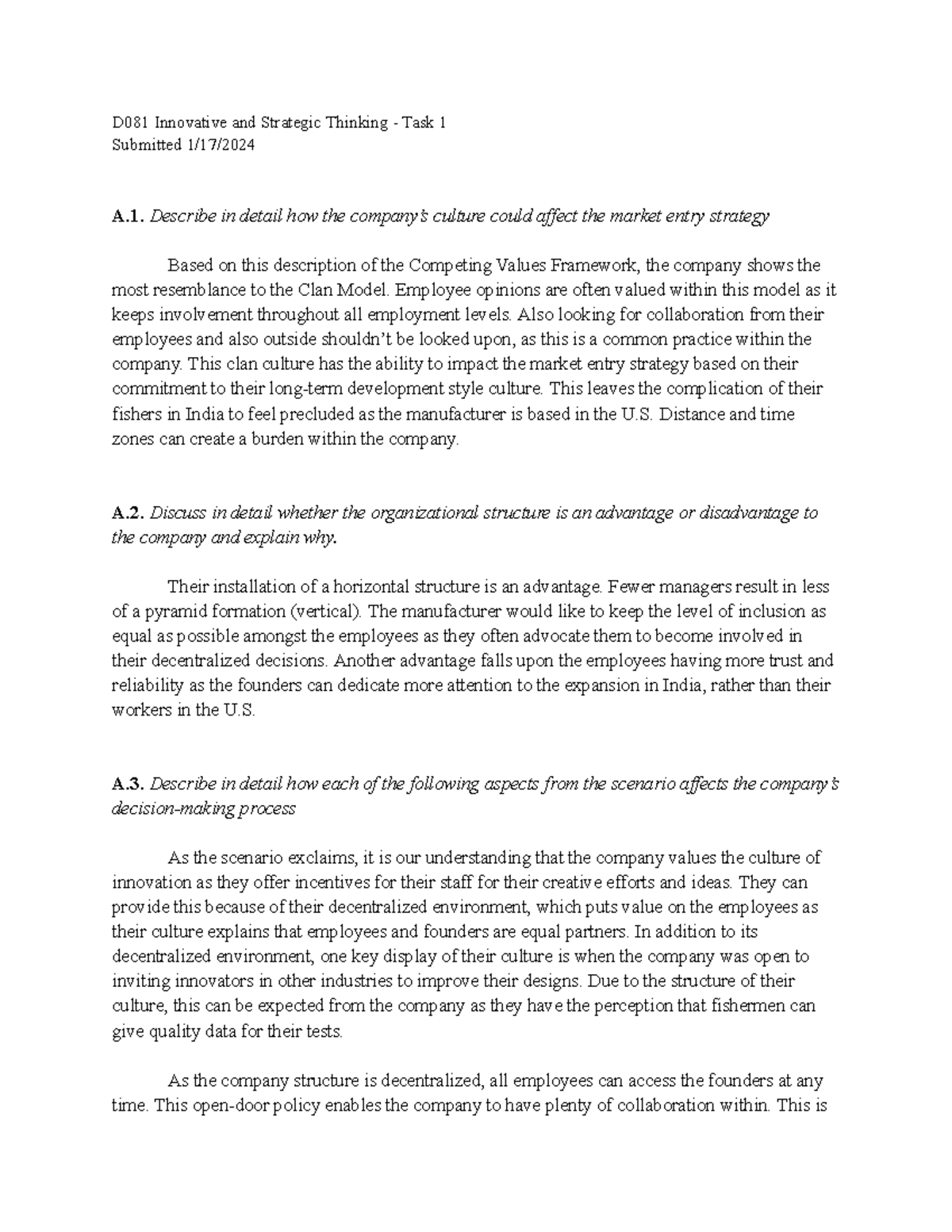 D081 Task 1, ez pz essay that passed with clear skies D081 Innovative