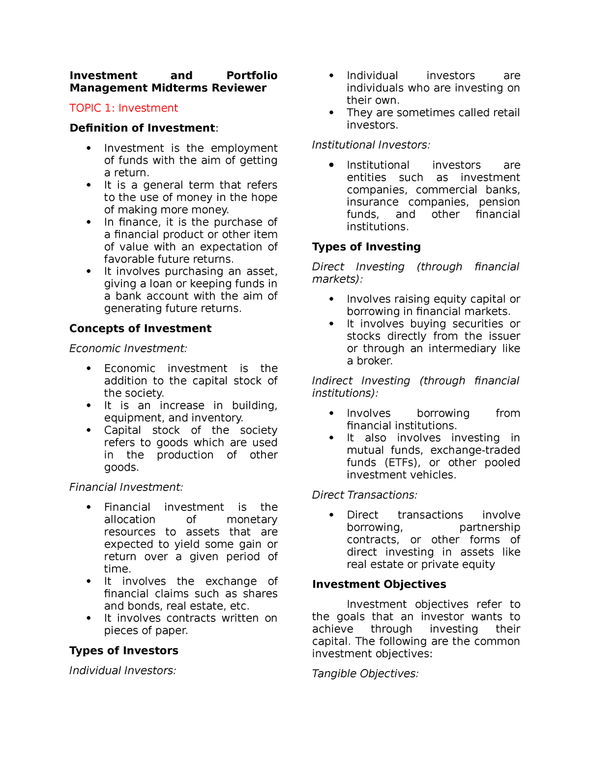 Investment And Portfolio Management Midterms Reviewer - It Is A General ...