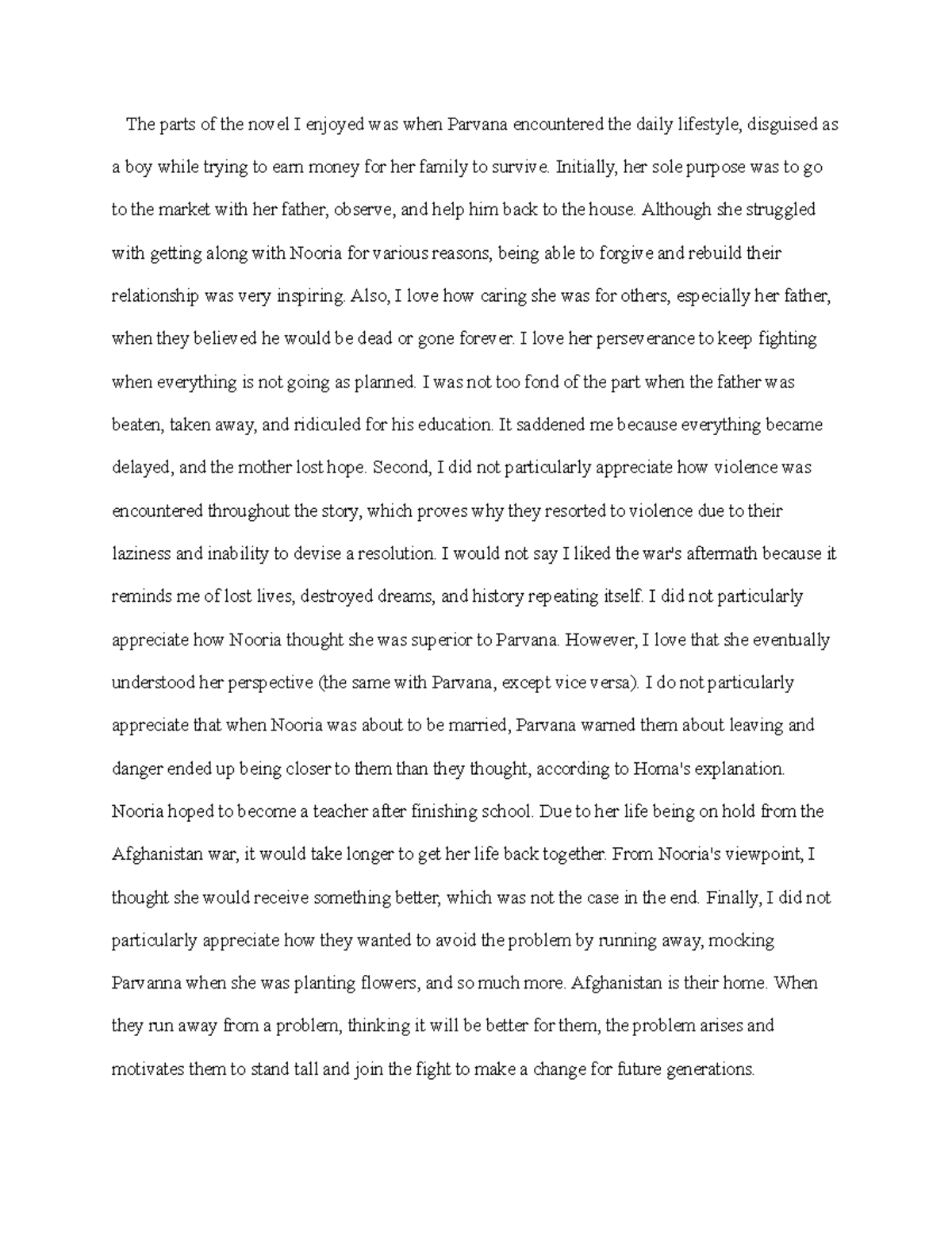 The Breadwinner Book Report Reference The parts of the novel I