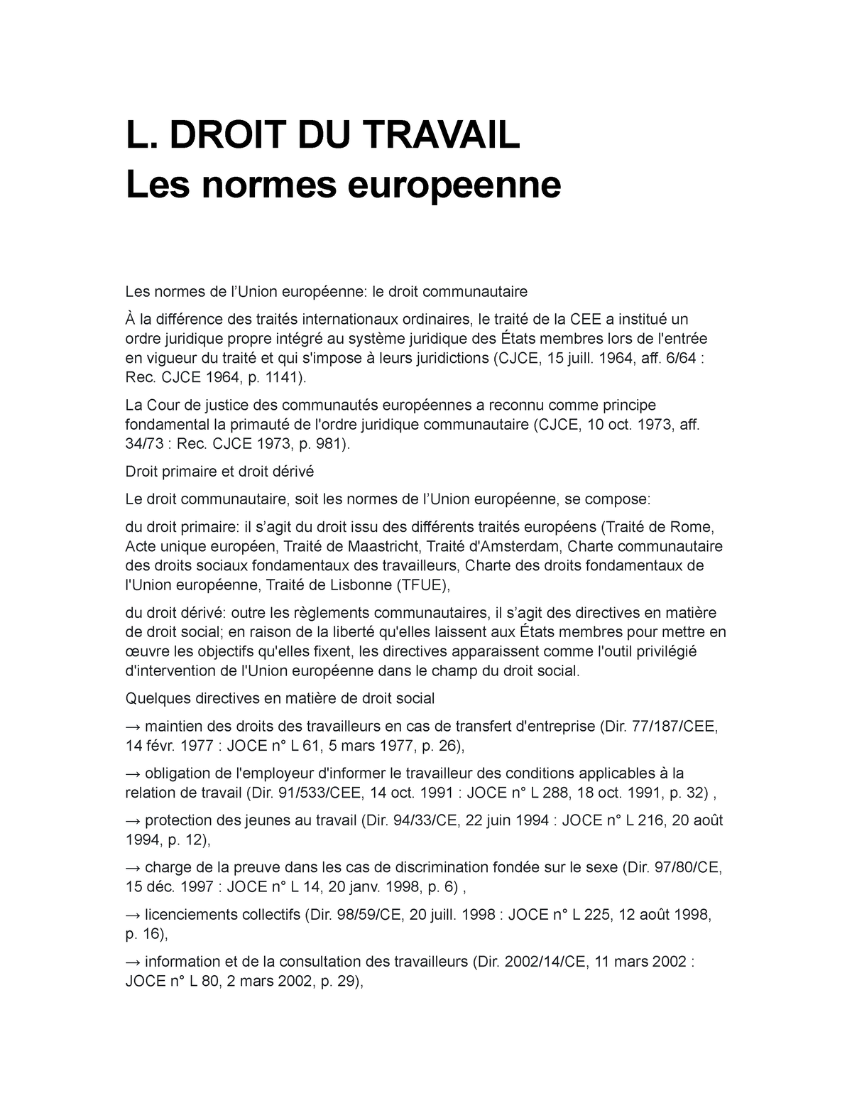 L. Droit DU Travail Les Normes Europeenne - L. DROIT DU TRAVAIL Les ...