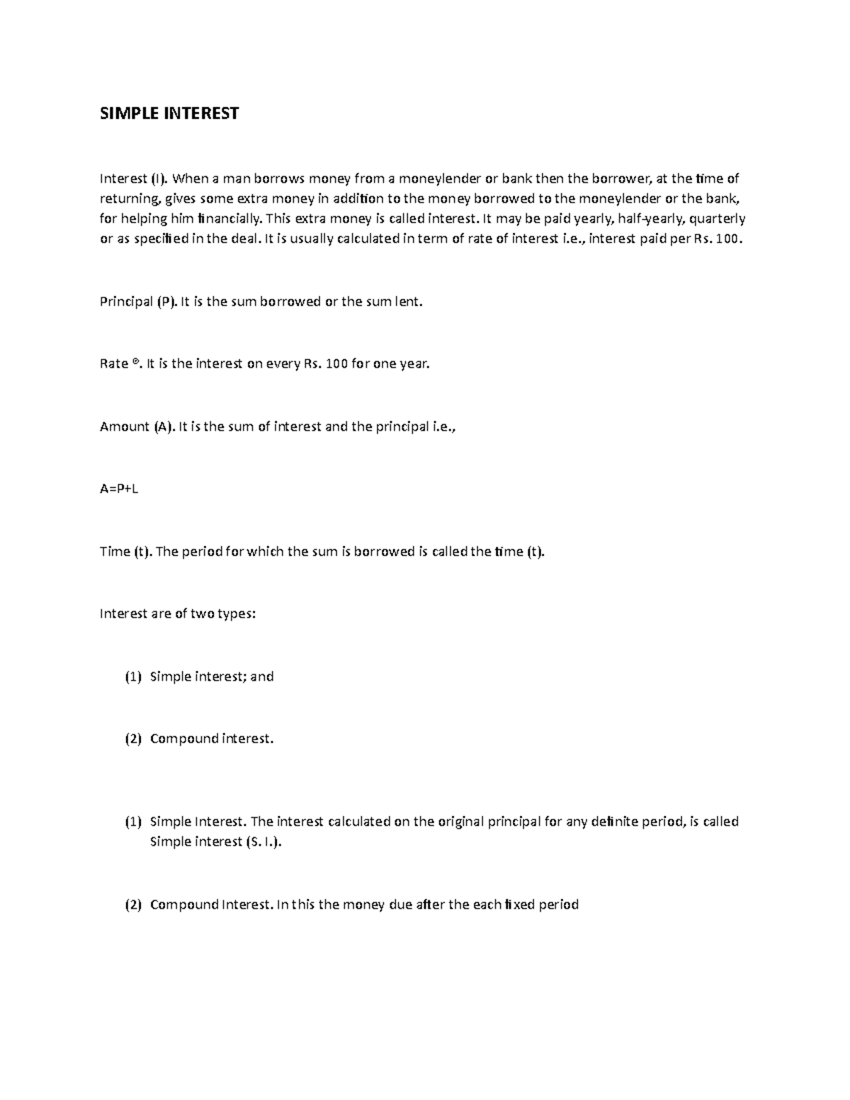 Simple interest practice set - SIMPLE INTEREST Interest (I). When a man ...