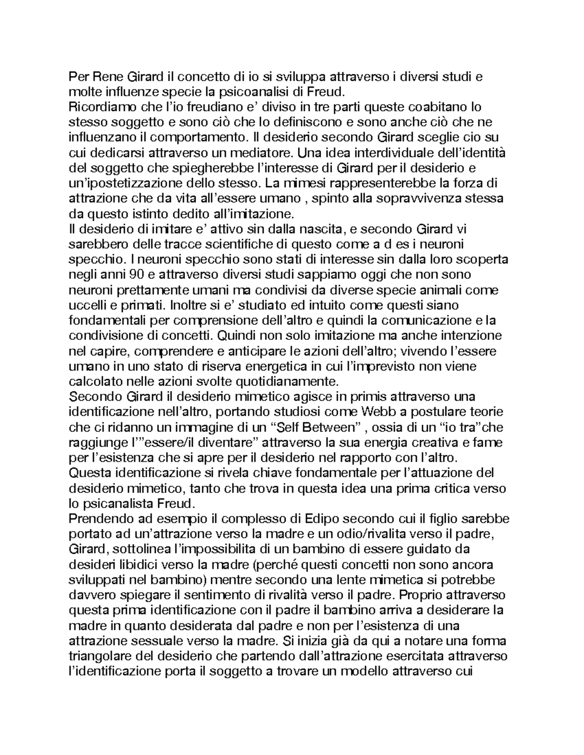 Appunti Girard Per Rene Girard il concetto di io si sviluppa