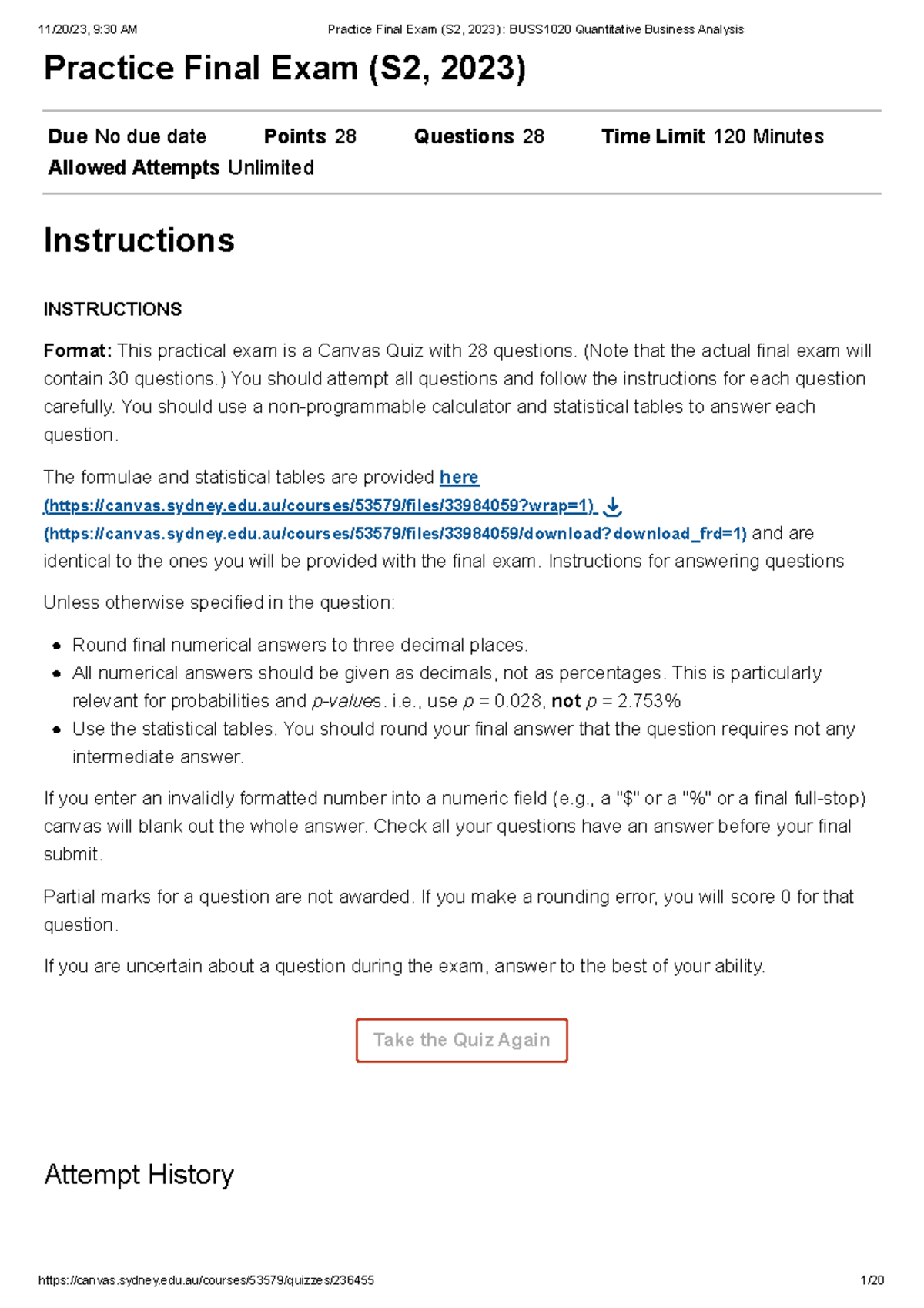 Practice Final Exam (S2, 2023) BUSS1020 Quantitative Business Analysis ...