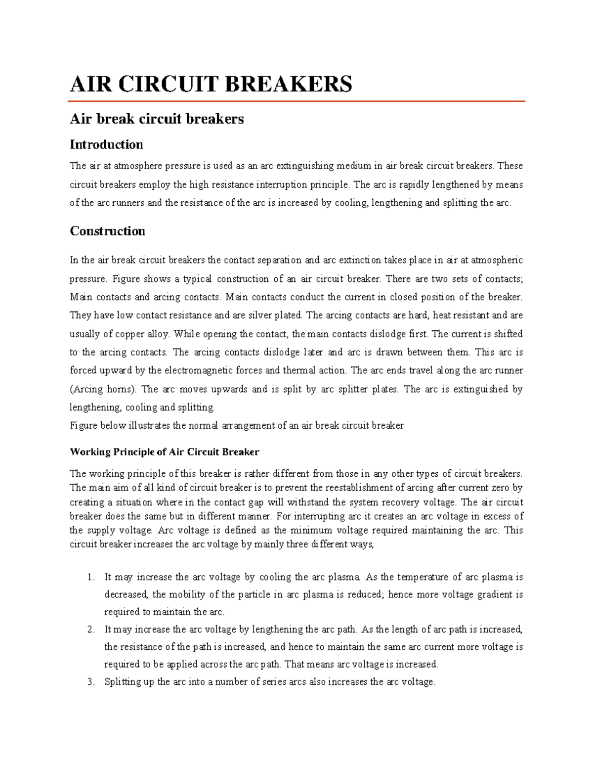 Circuit Breaker AIR CIRCUIT BREAKERS Air break circuit breakers