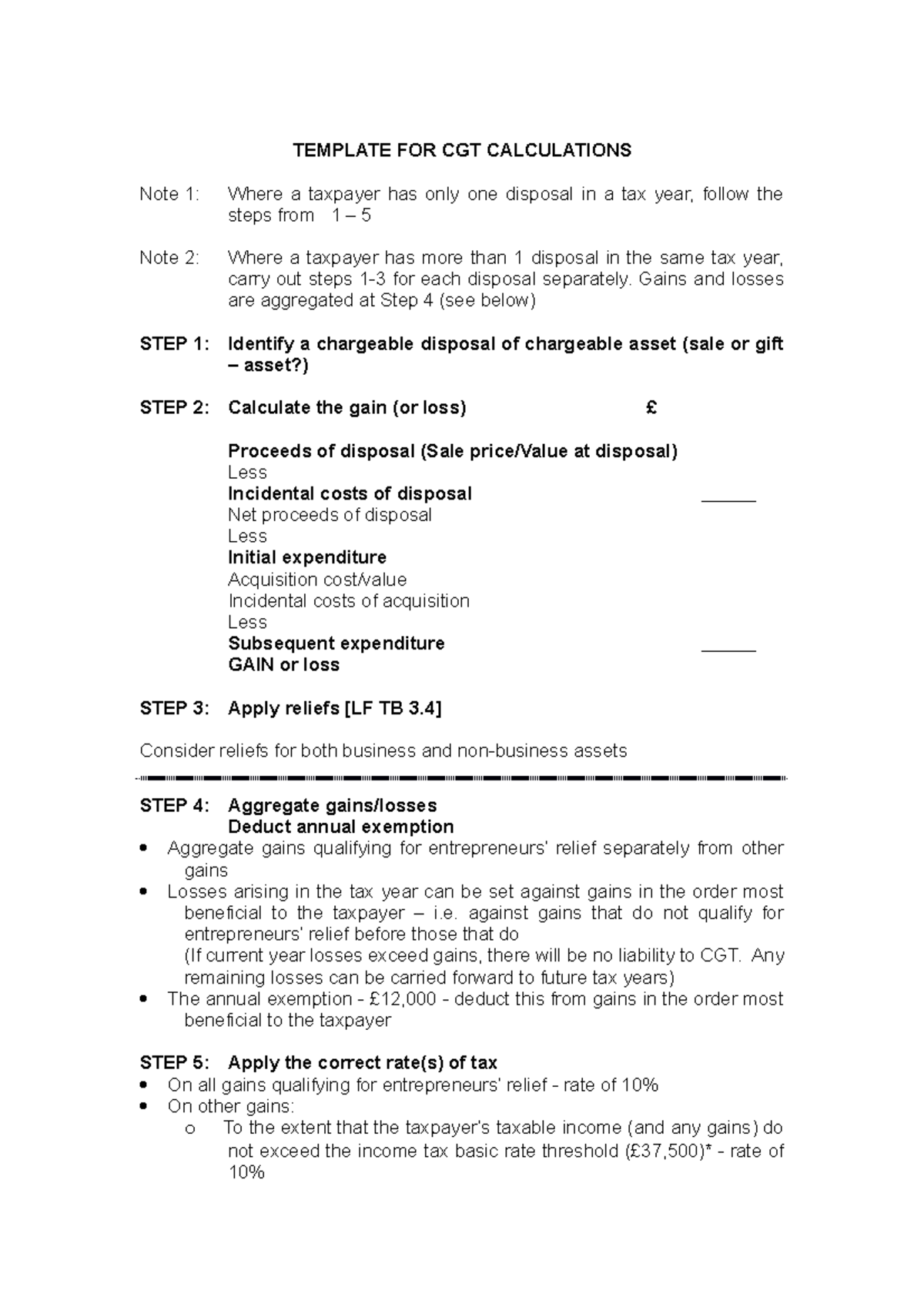 Template FOR CGT Calculations - TEMPLATE FOR CGT CALCULATIONS Note 1 ...