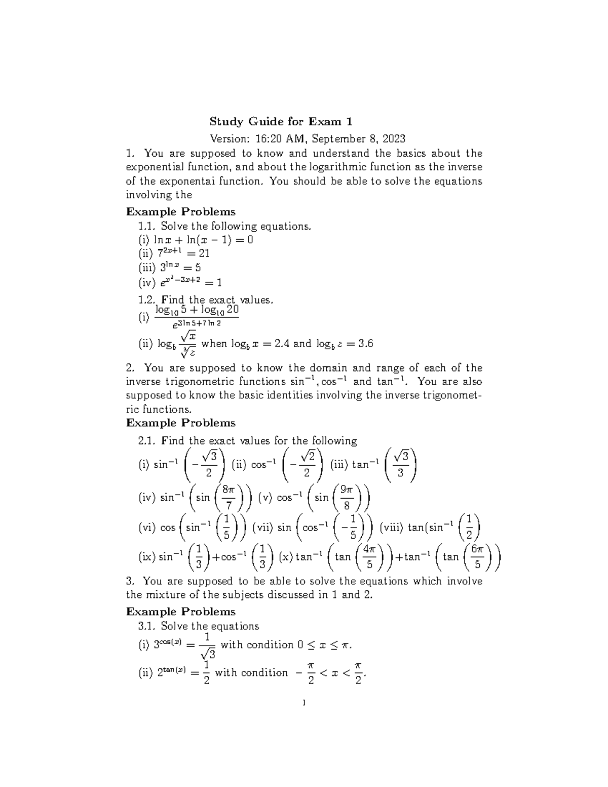 Study Guide Exam 1 - Study Guide for Exam 1 Version: 16:20 AM ...
