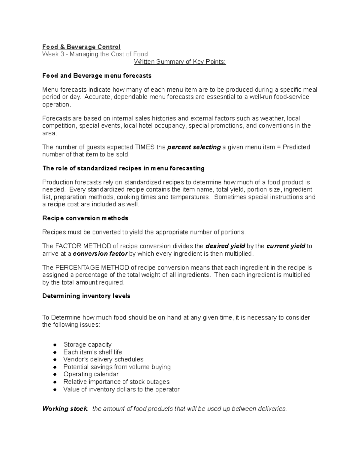 Week 3 Managing the Cost of Food Food & Beverage Control Week 3