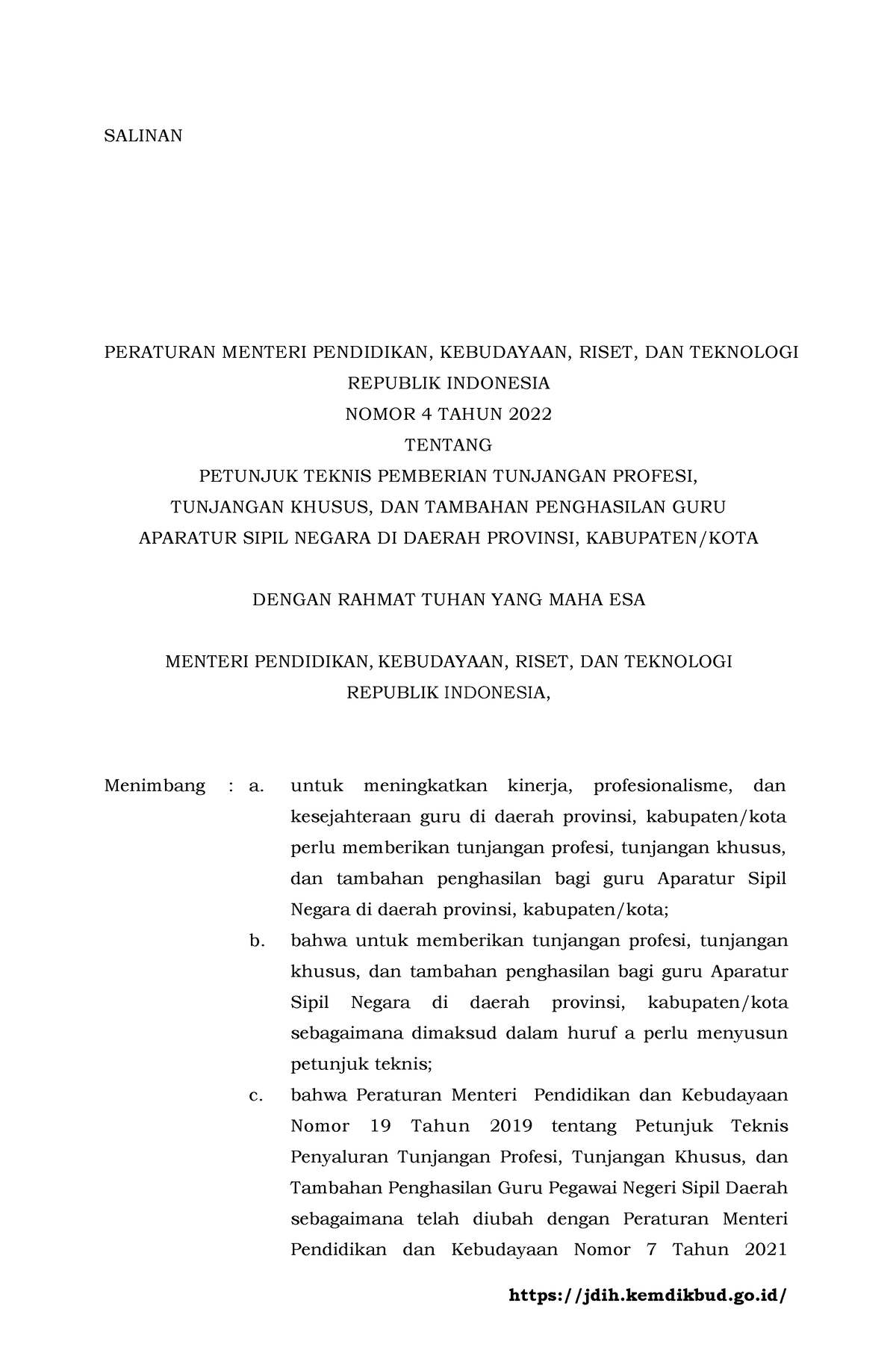 Permen Nomor 4 Tahun 2022 - SALINAN RANCANGAN PERATURAN MENTERI ...