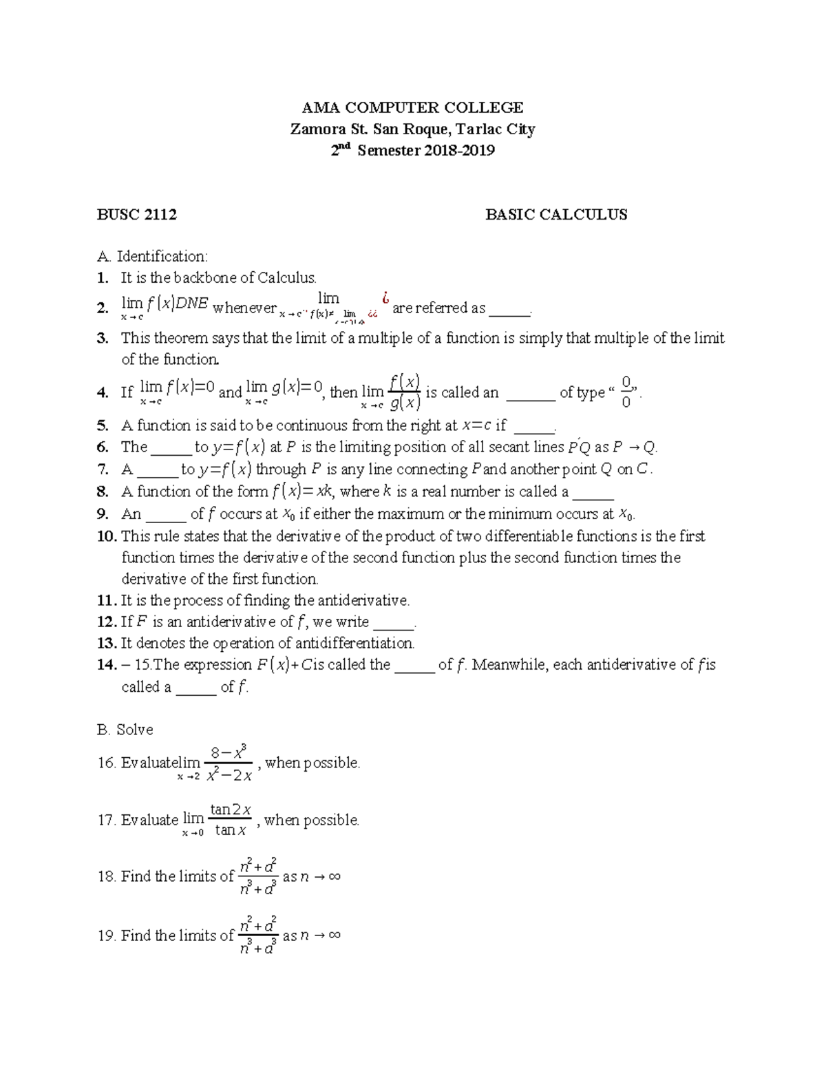 Basic calculus answer AMA COMPUTER COLLEGE Zamora St. San Roque