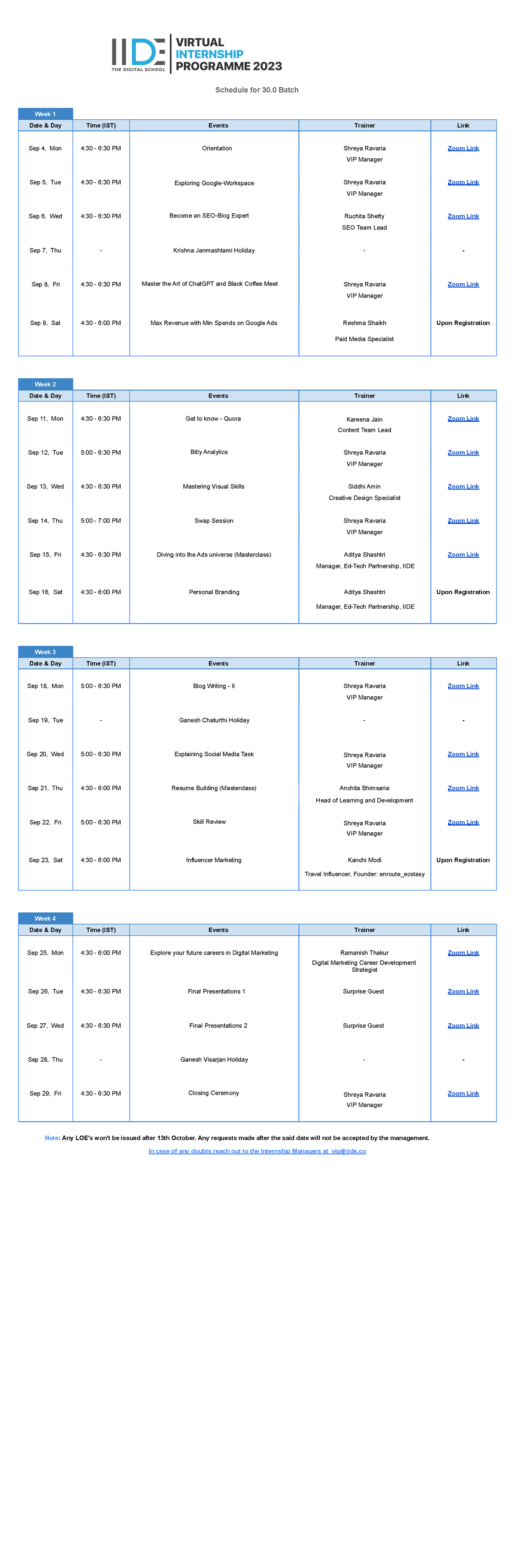 Vip 30.0 Schedule - .. - Schedule For 30 Batch Week 1 Date & Day 