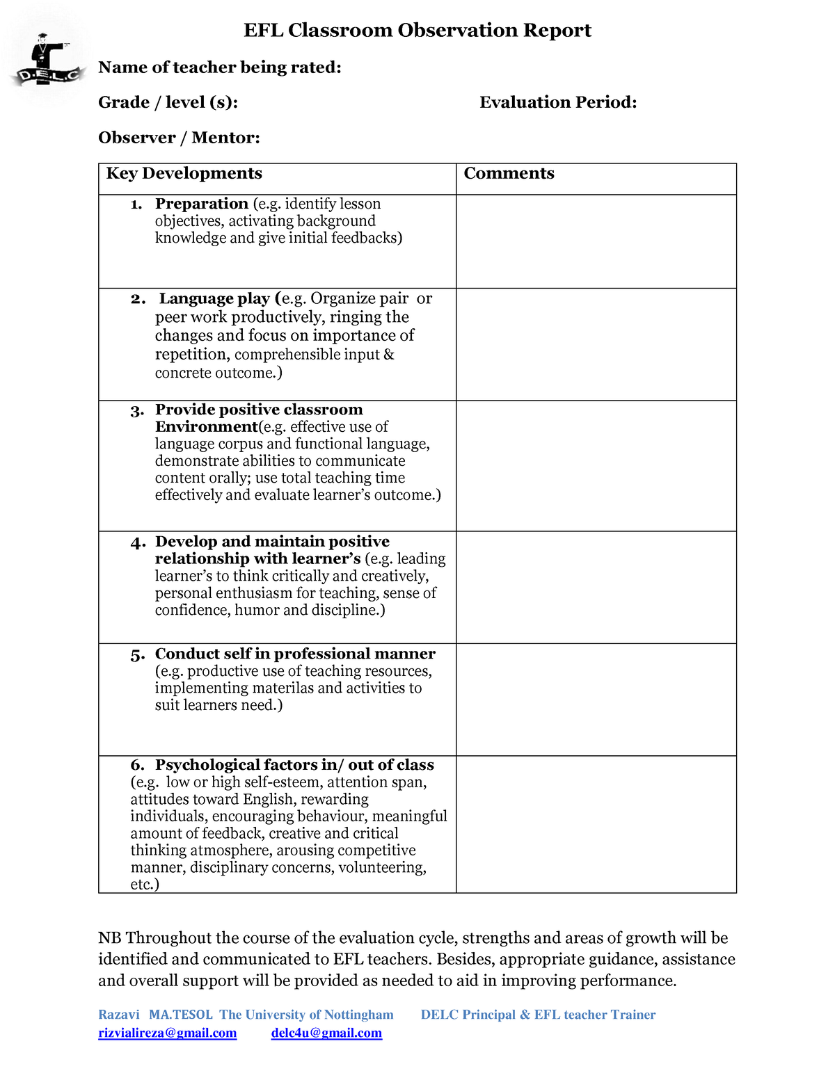 EFL Classroom Observation Report identify lesson objectives