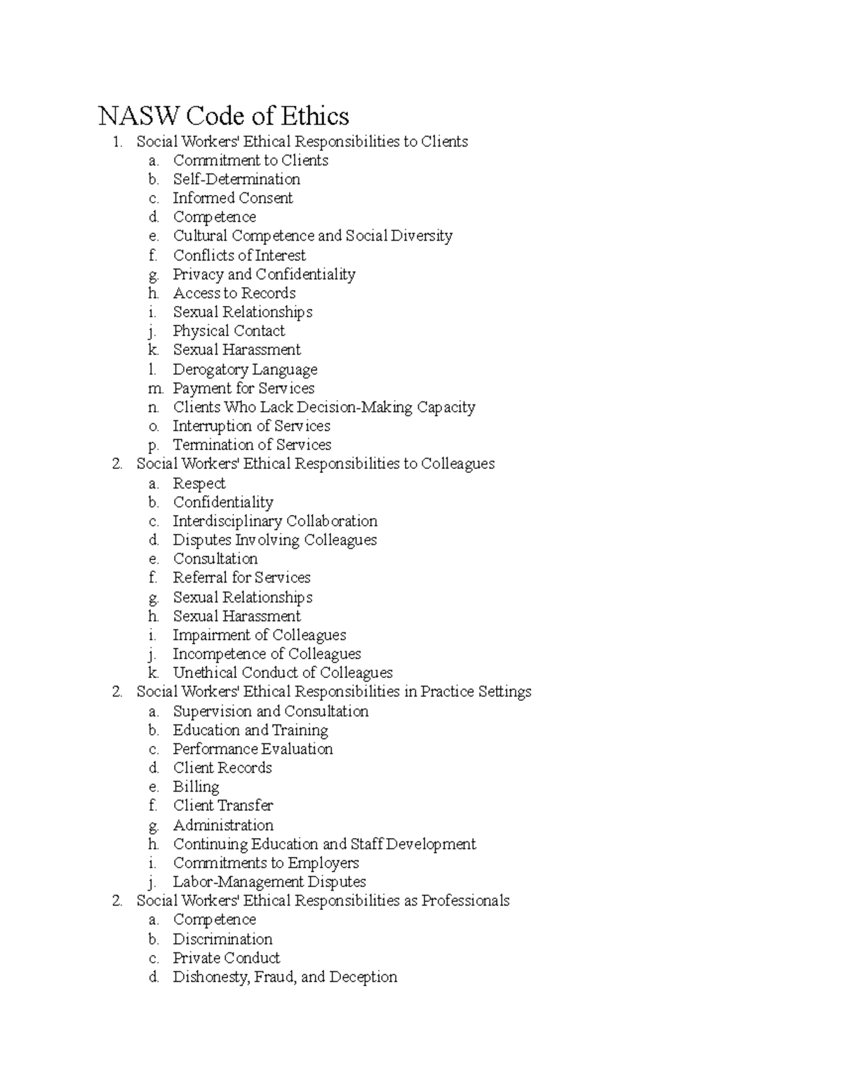 Summary - final exam review (concise) - NASW Code of Ethics 1. 2. 2. 2 ...