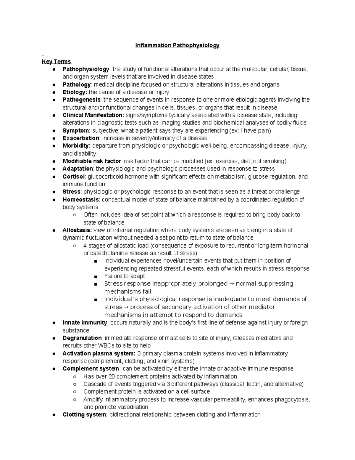 Inflammation Pathophysiology Terms/Objectives (Exam 1) - Inflammation ...