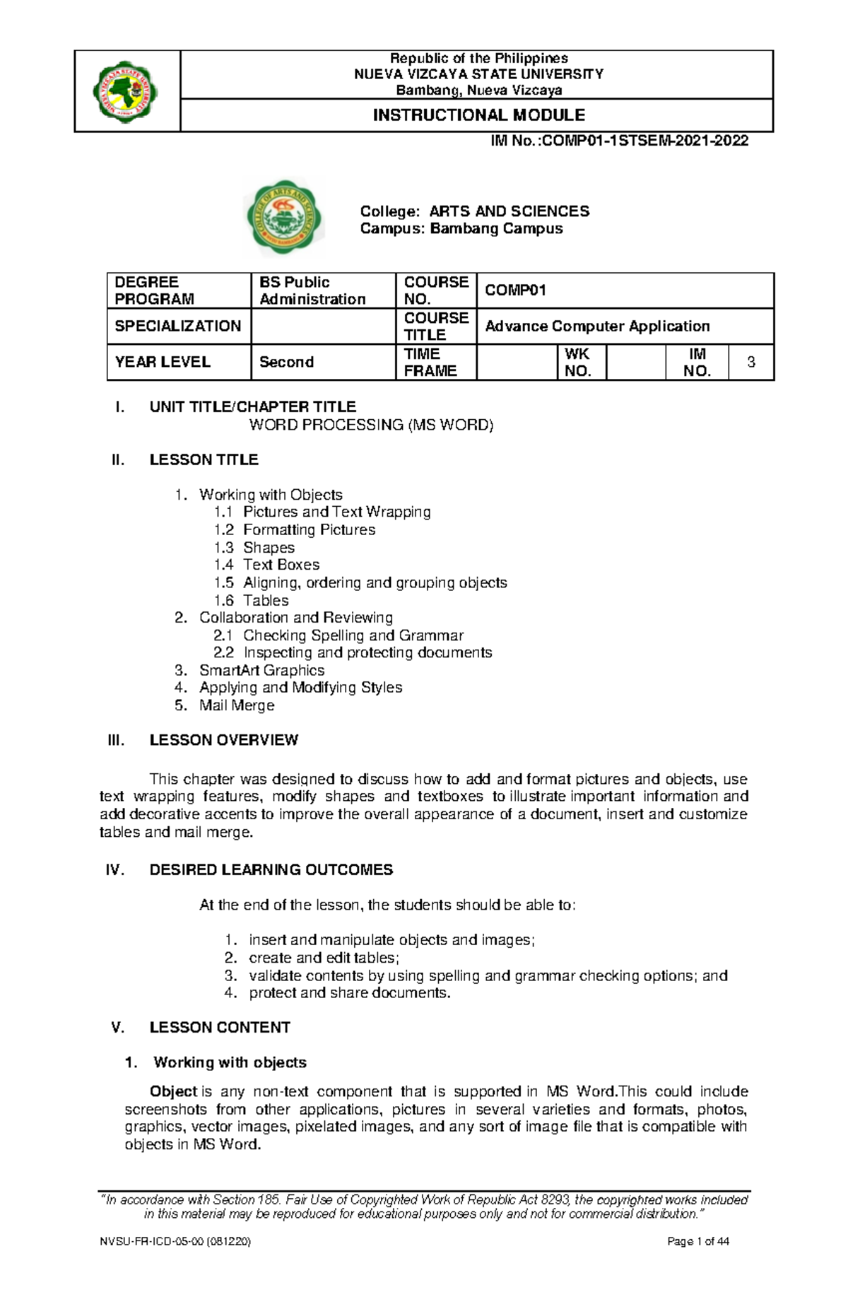 IM 3 - MSWord part 2 - mod - NUEVA VIZCAYA STATE UNIVERSITY Bambang ...