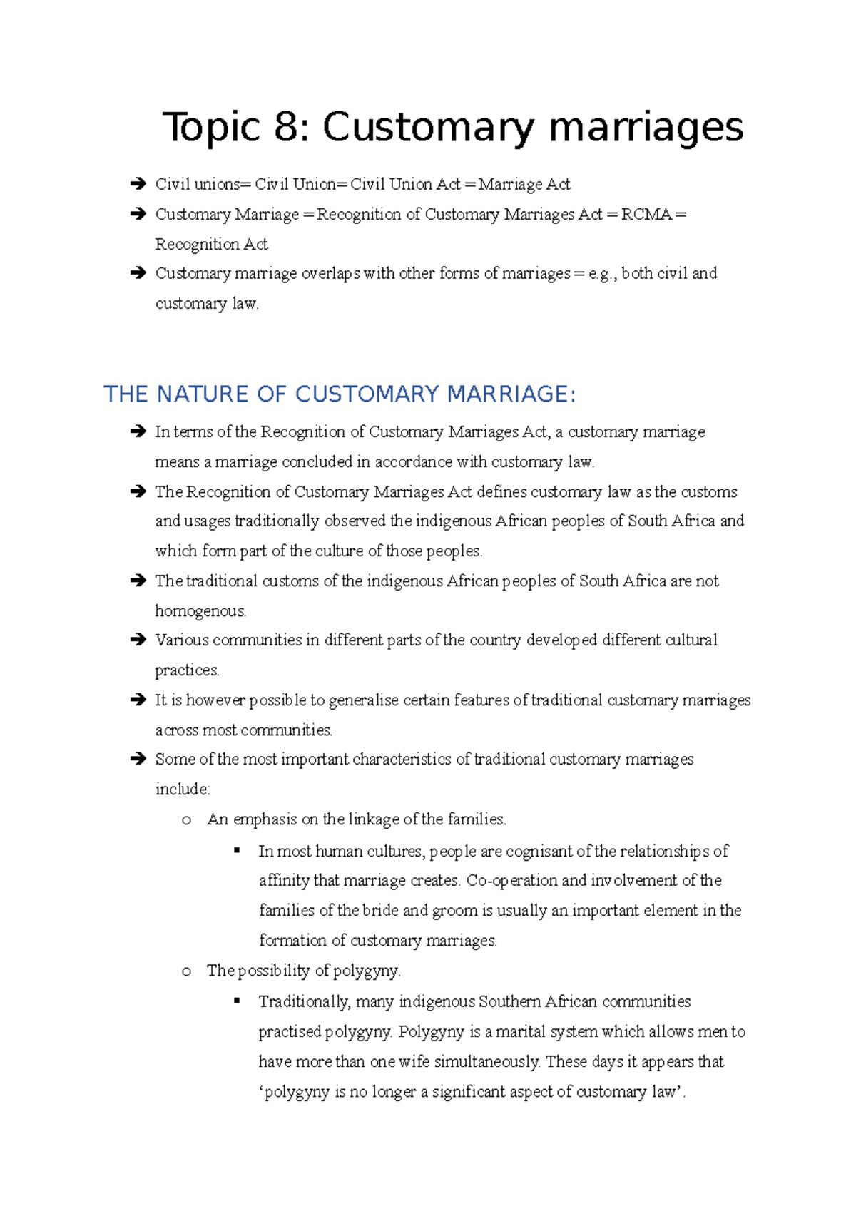 Topic 8 Topic 8 Customary marriages Civil unions= Civil Union= Civil