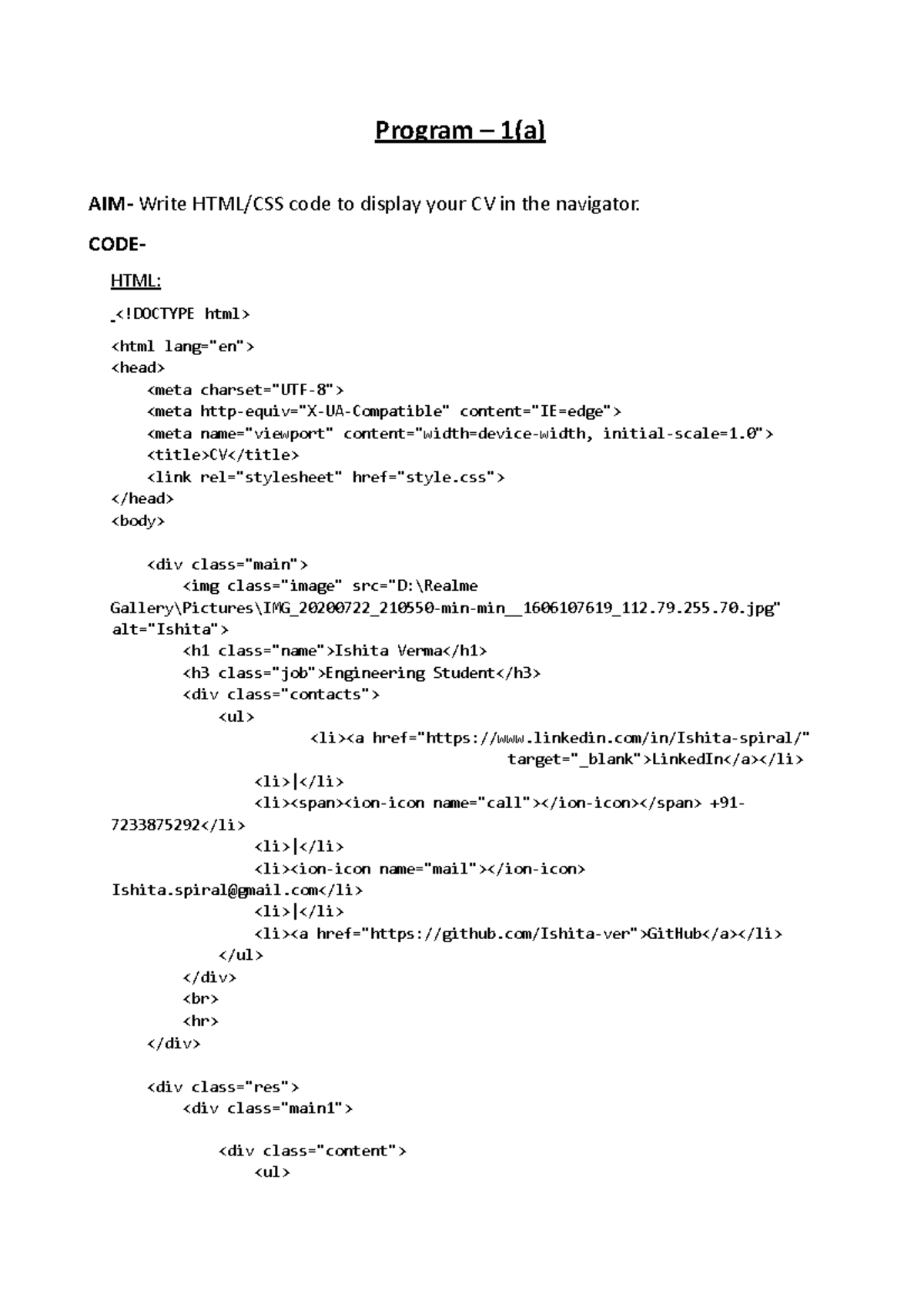 Web Technology Lab - Program – 1(a) AIM- Write HTML/CSS code to display ...