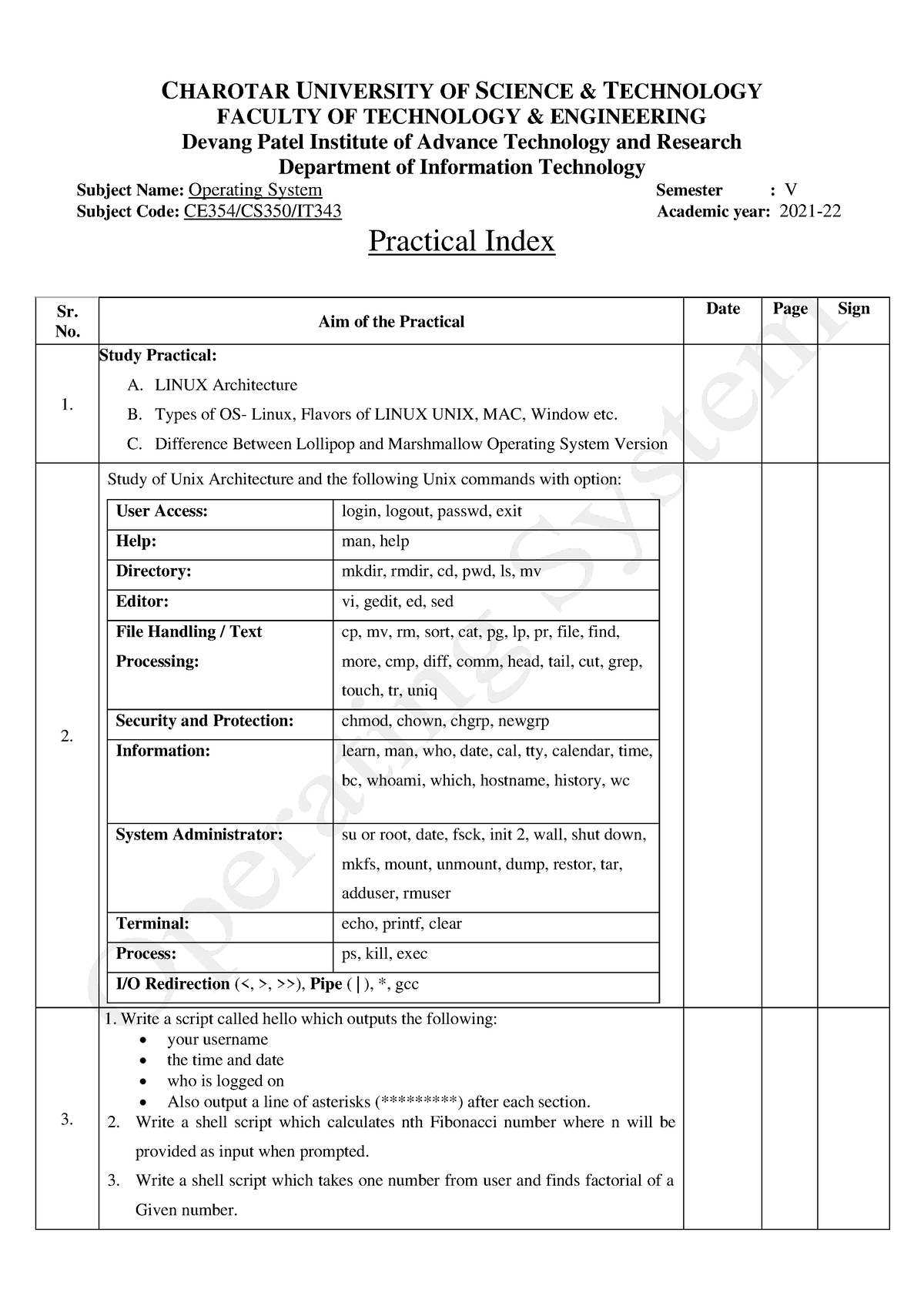 Os Practical List   Fdasd   CHAROTAR UNIVERSITY OF SCIENCE & TECHNOLOGY