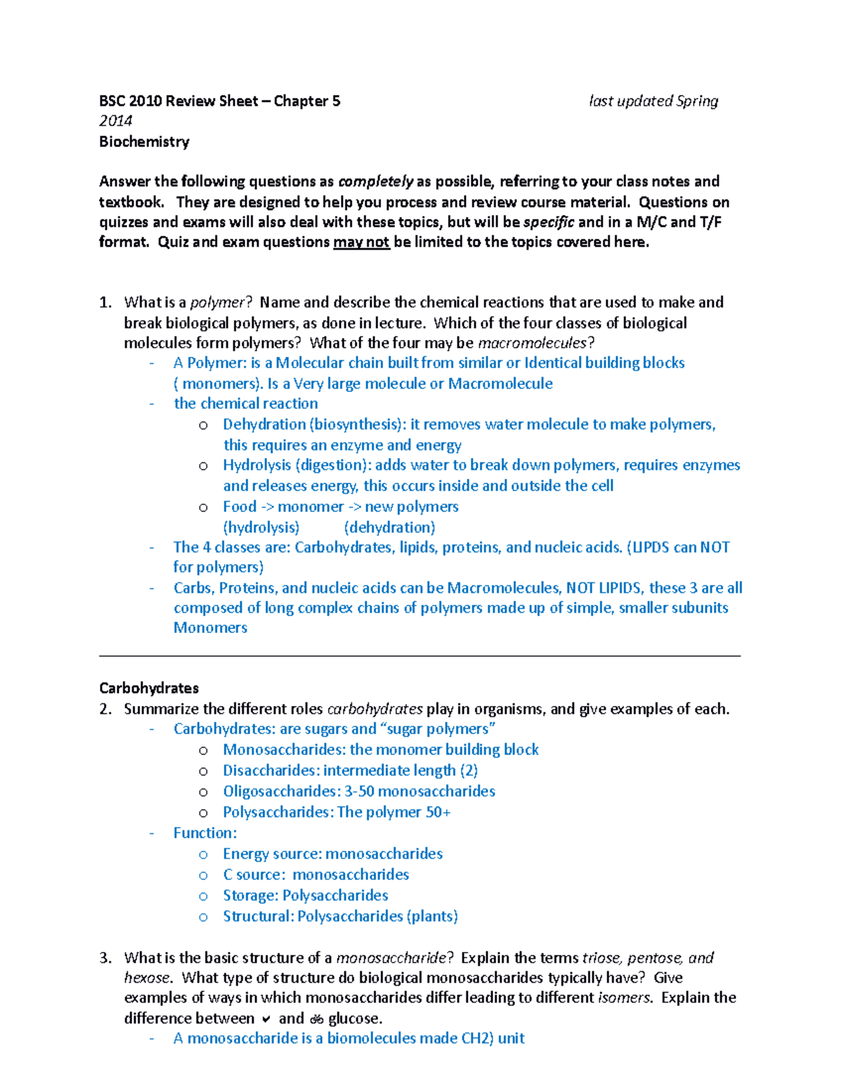 Review - Chapter 5 - BSC 2010 Review Sheet – Chapter 5 Last Updated ...