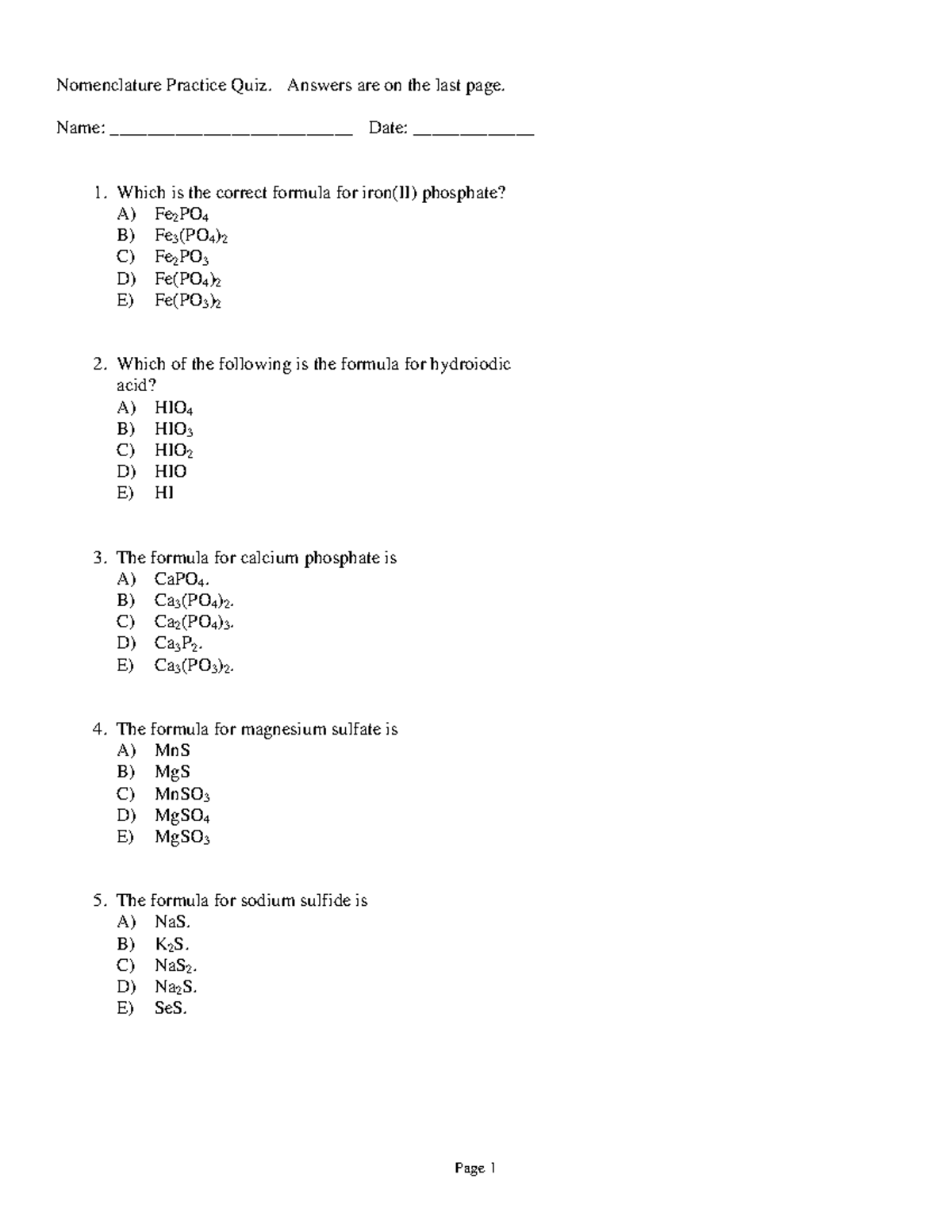 Nomenclature Practice Test - Nomenclature Practice Quiz. Answers Are On ...