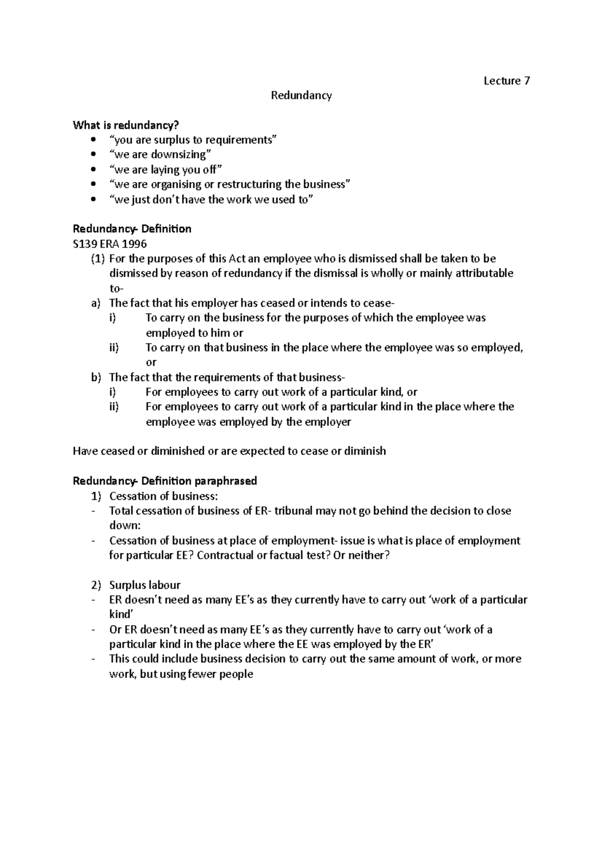 employment law- redundancy - LBU - Studocu
