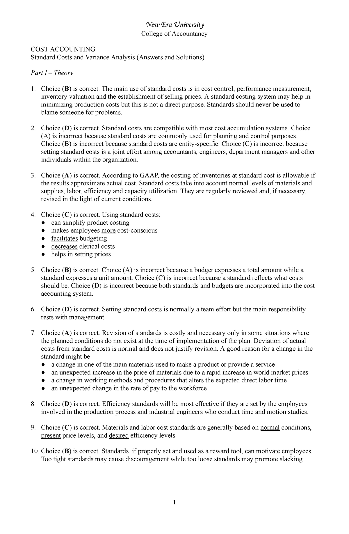 Quiz 11 Standard Costs and Variance Analysis Solutions - New Era ...