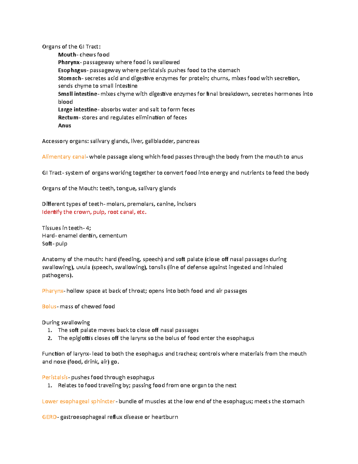 Chpt 8 - chapter 8 notes - Organs of the GI Tract: Mouth- chews food ...
