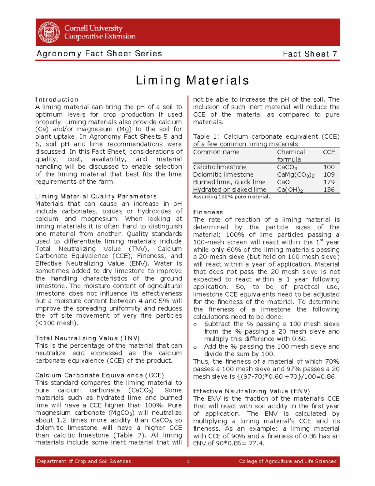 LimingMaterials Fact Sheet 7 Liming Materials Agronomy Fact Sheet
